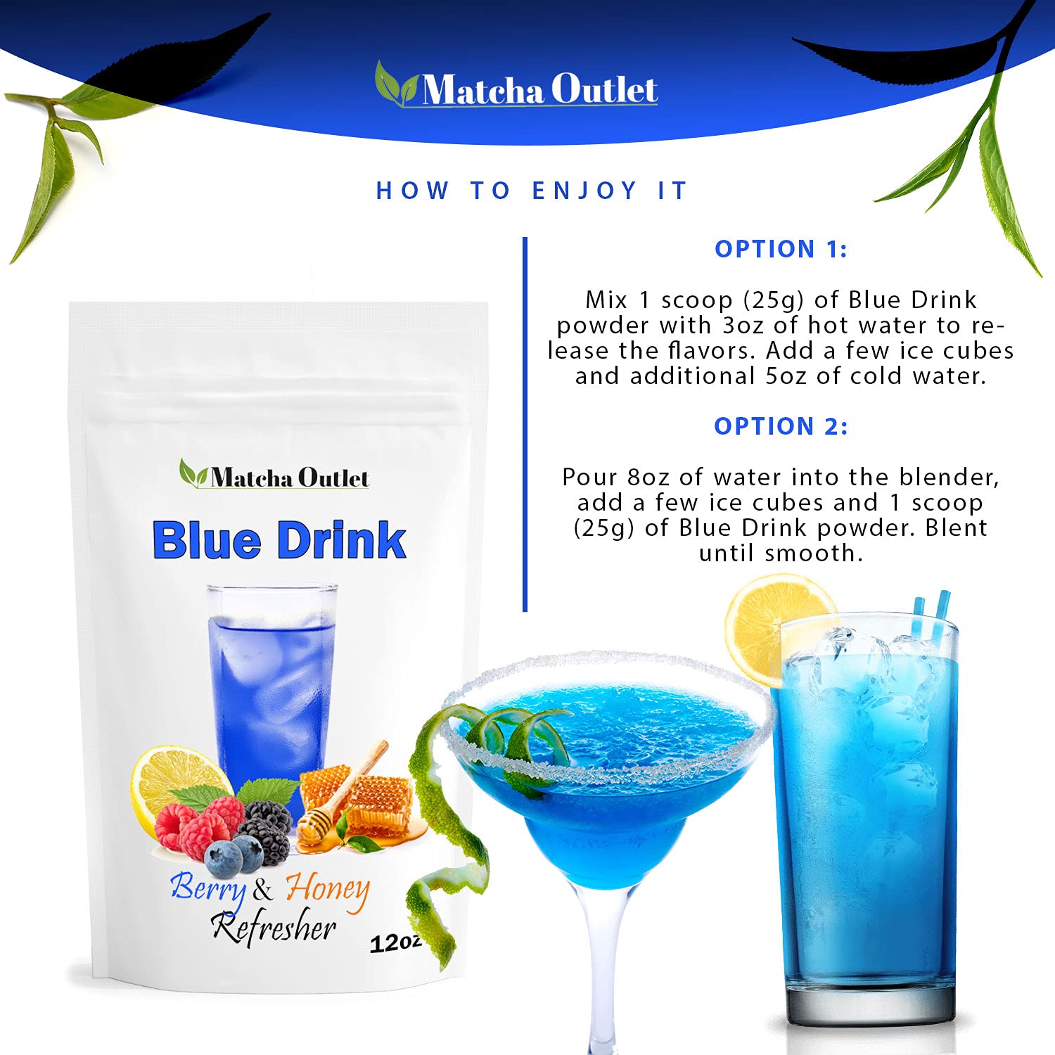 Blue Drink Spirulina Powder, Berry & Honey Powder Drink Mix Refresher 12oz Blue Natural Food Colorant Perfect for Ice Mix Yogurts Baked Treats Loaded