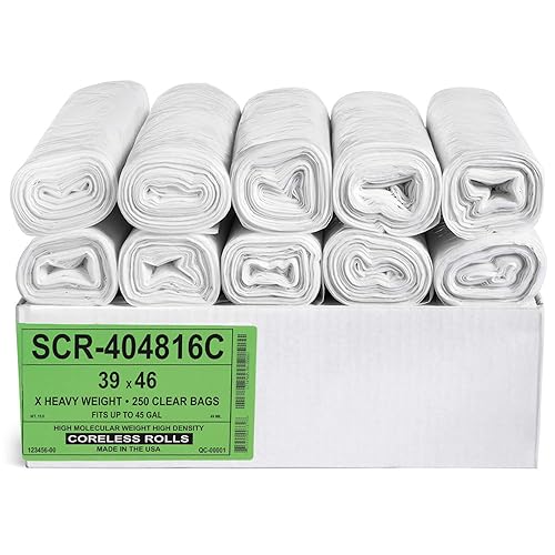 Aluf Plastics SCR-404816C 45 Gallon Clear Trash Bags (250 Count) - 39' x 46' - 16 Micron Equivalent High Density Value Garbage Bags Can Liners
