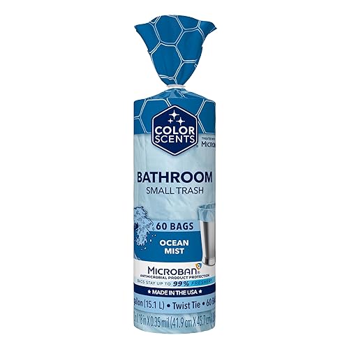 Color Scents Small Trash Bags - 4 Gallon, 60 Bags (1 Pack of 60 Count), Twist Tie - Light Blue in Ocean Mist Scent with Microban
