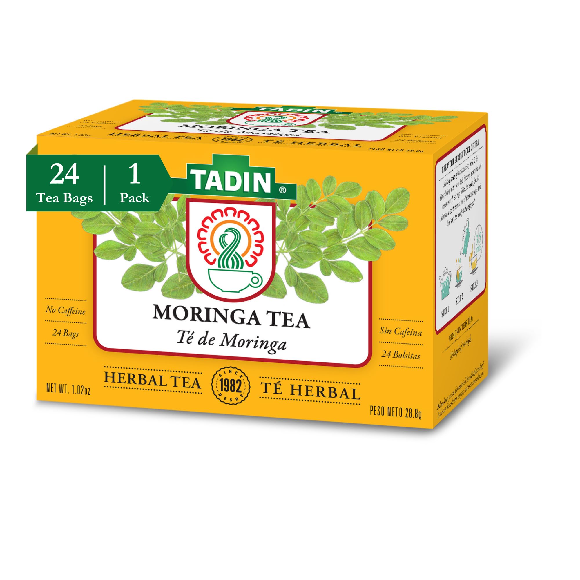 Tadin Moringa Tea, Herbal Tea, Caffeine Free, 24 Tea Bags Per Box, Pack of 1
