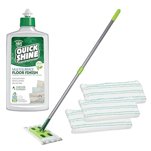 Quick Shine Multi Surface Floor Clean + Polish Mop Kit w/ 3 Reusable Pads & 1-16 oz. Floor Finish | Use Wet + Dry | Hardwood, Luxury Vinyl Plank