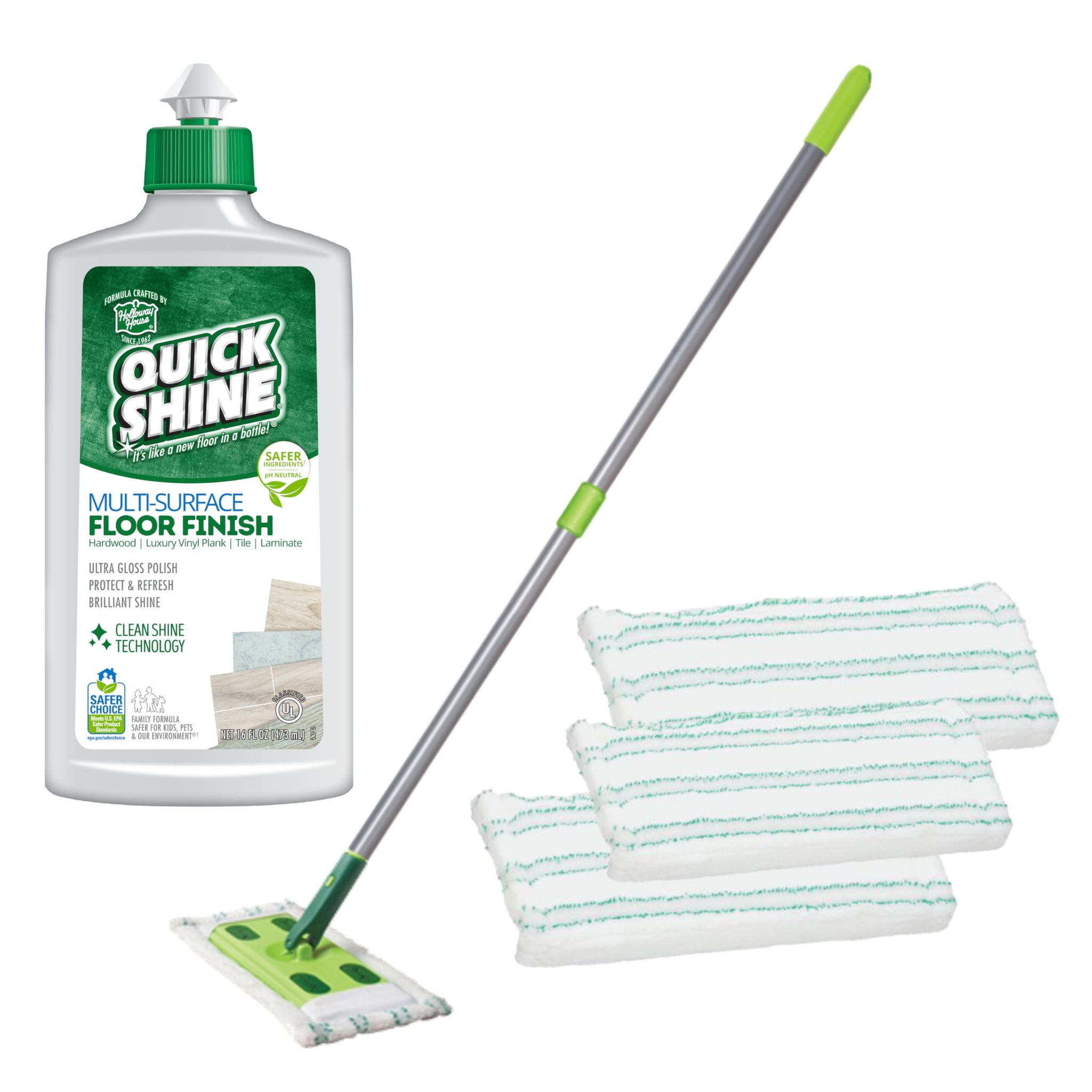 Quick Shine Multi Surface Floor Clean + Polish Mop Kit w/ 3 Reusable Pads & 1-16 oz. Floor Finish | Use Wet + Dry | Hardwood, Luxury Vinyl Plank