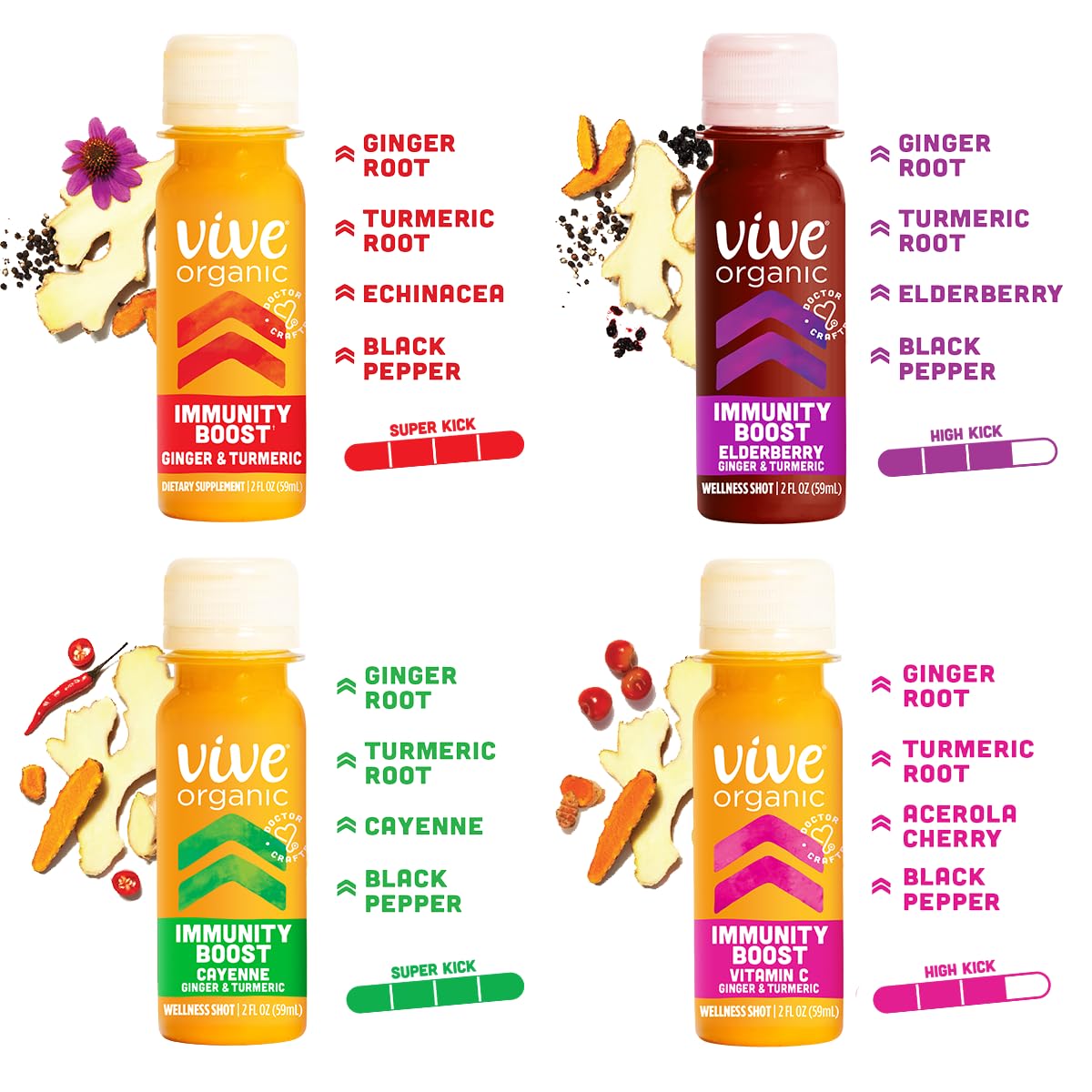 Vive Organic Immunity Boost Shot Sampler Pack | Immunity Boost Original | Immunity Boost Cayenne | Immunity Boost Elderberry | Immunity Boost Vitamin