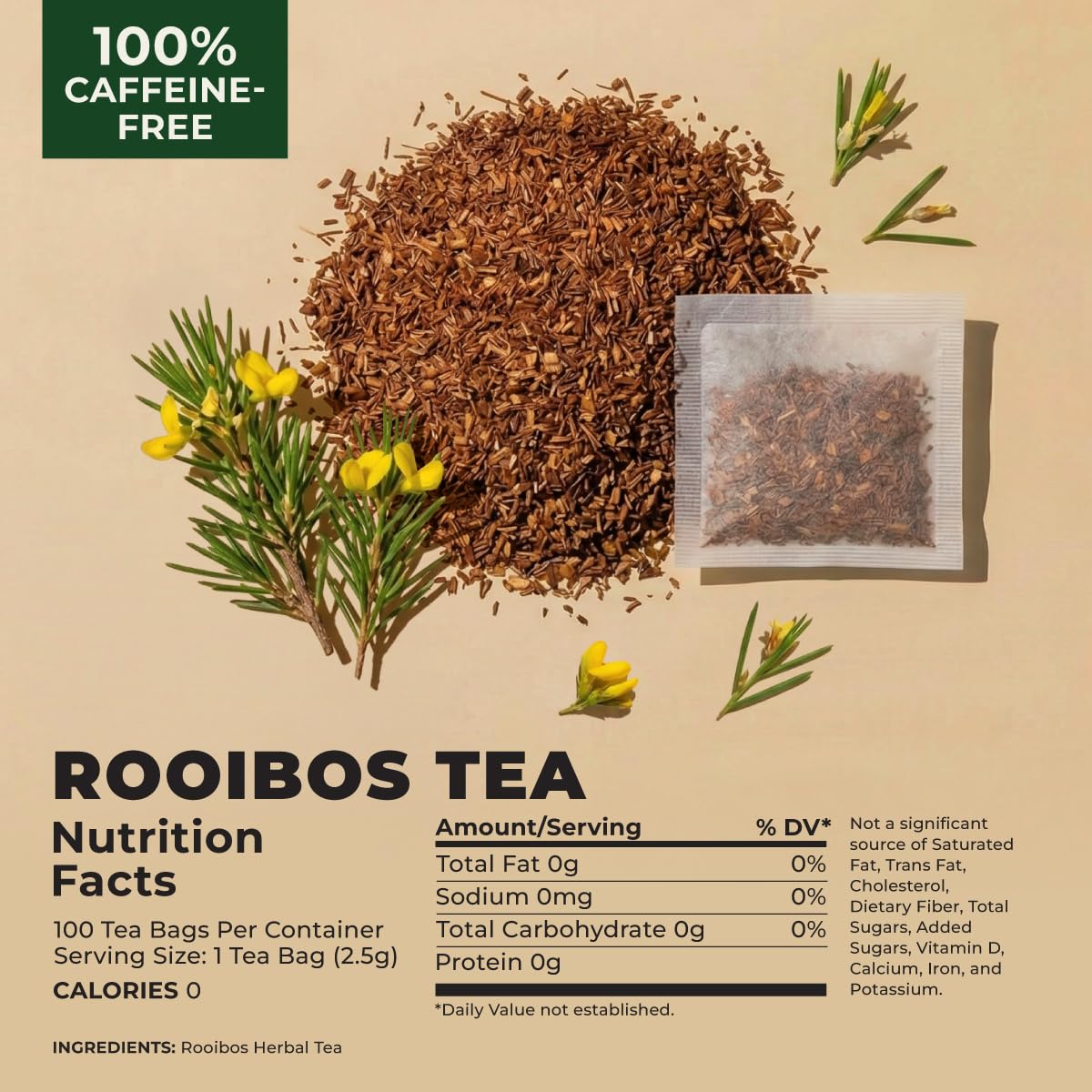 Rooibos Tea Bags (100 Bags) - Caffeine Free Redbush Herbal Tea for Everyday Comfort & Relaxation - After-Meal Comfort, Low In Tannins - Pure