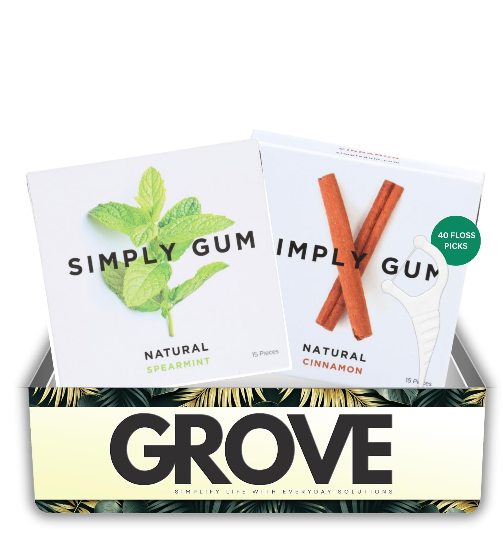 Simply Gum Natural Spearmint + Cinnamon 15 pc each Bundle with Dental Floss Picks Dental 40pc - Natural Gum Chewing & Fresh Breath Essentials - Ideal