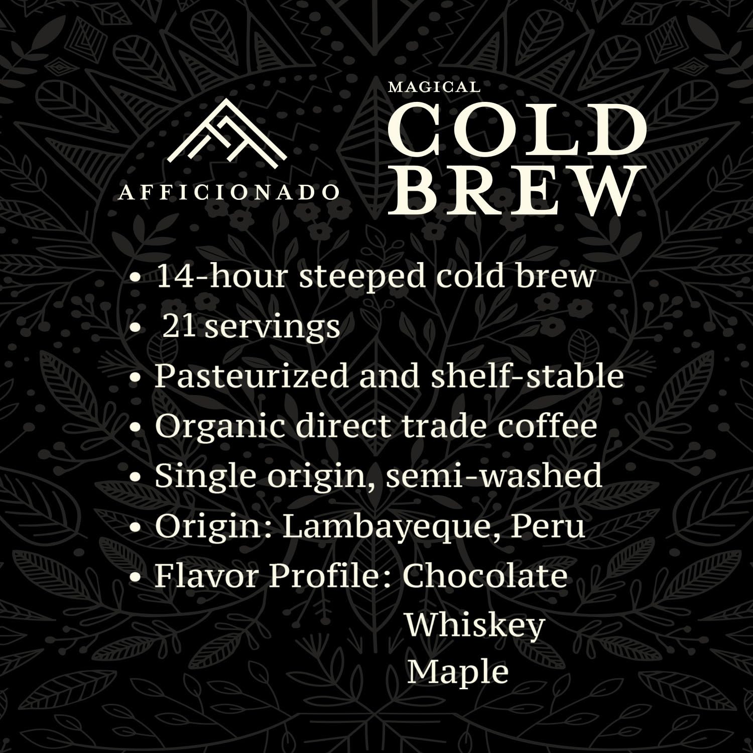 Afficionado Coffee Roasters | Magical Cold Brew | 1 Gallon | Bag in Box | Single Origin Peruvian Coffee | Medium Roast | Ready to Drink | Pasteurized