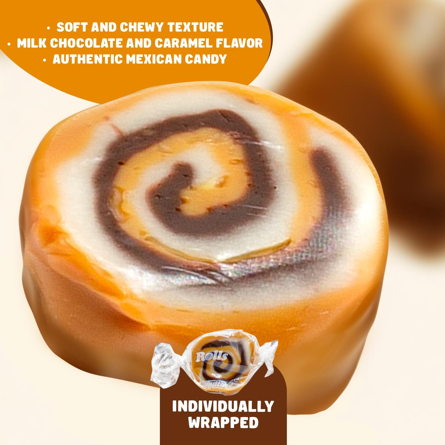 CHOCOLATE ROLLS Caramel Candy 1 lb - Bulk, Soft & Chewy, Individually Wrapped, Retro Candies