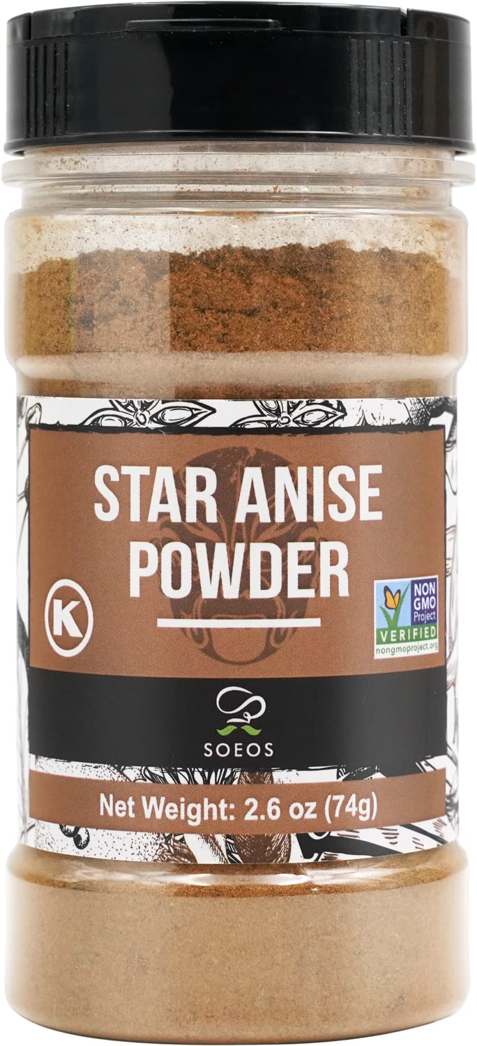Soeos Chinese Star Anise Powder 2.6 oz (74g), Ground Chinese Star Anise Seeds, Dried Anise Star Spice, Star Anise Bulk, Anise Star. Non-GMO Verified