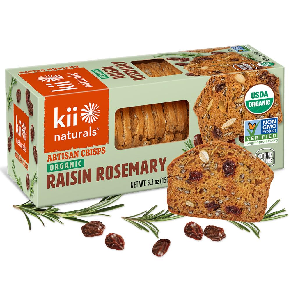 Kii Naturals Organic Artisan Crisps, Healthy Snack Crackers for Cheese & Charcuterie Boards; Non-GMO, USDA Organic, Kosher, No Preservatives - Raisin