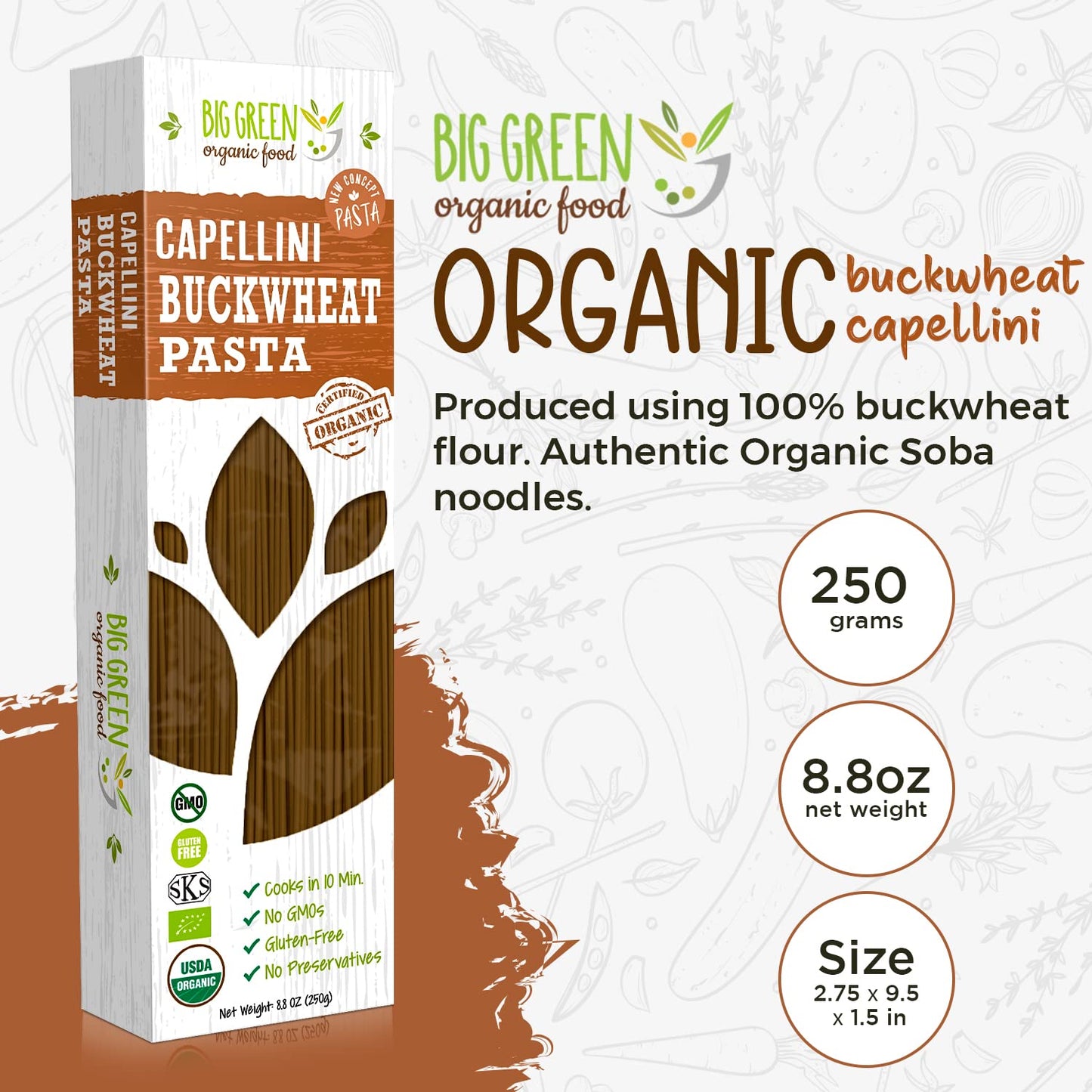 Big Green Organic Food- Organic Buckwheat Capellini, 8.8oz, 100% buckwheat, Gluten-Free, Non-GMO (1 Pack)