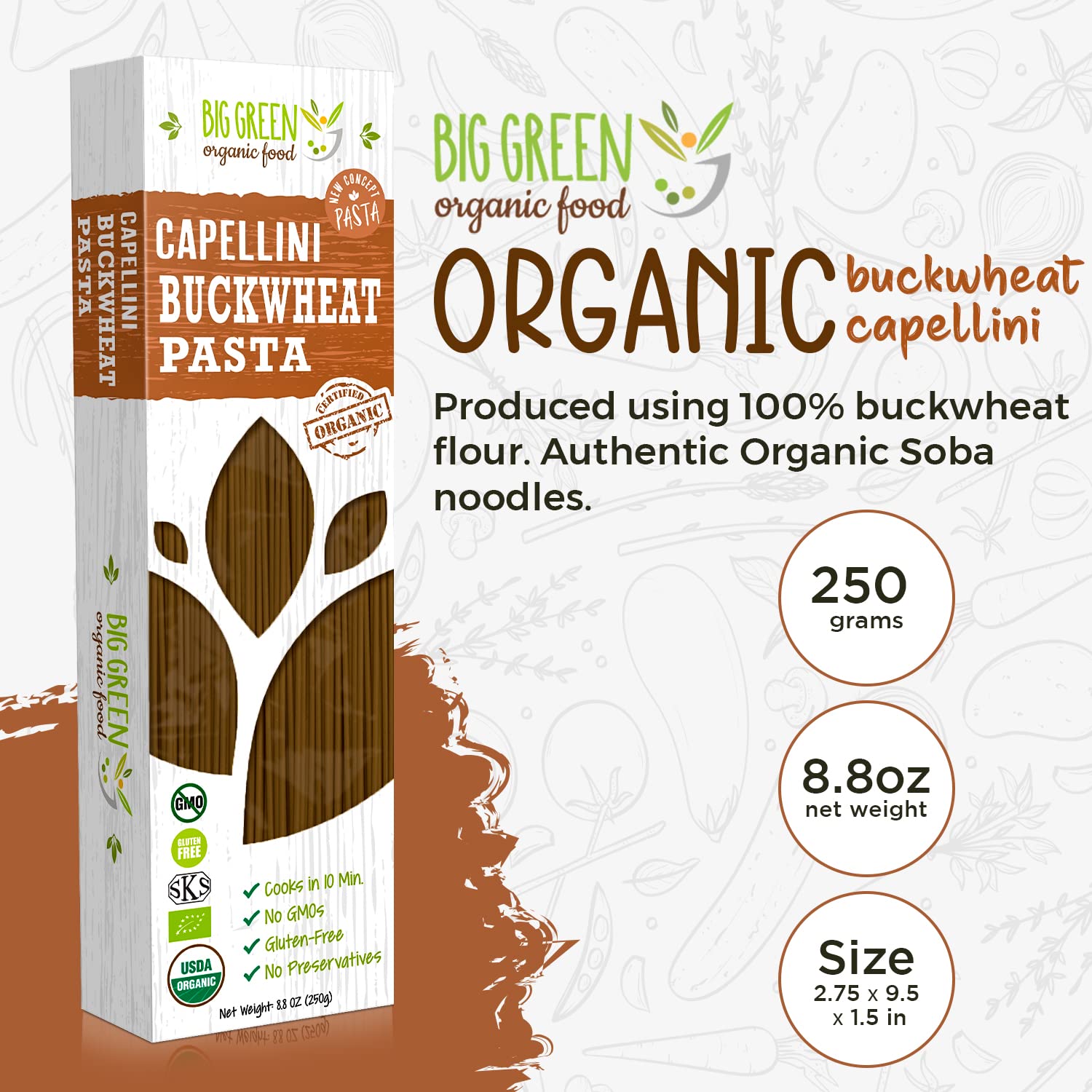 Big Green Organic Food- Organic Buckwheat Capellini, 8.8oz, 100% buckwheat, Gluten-Free, Non-GMO (1 Pack)