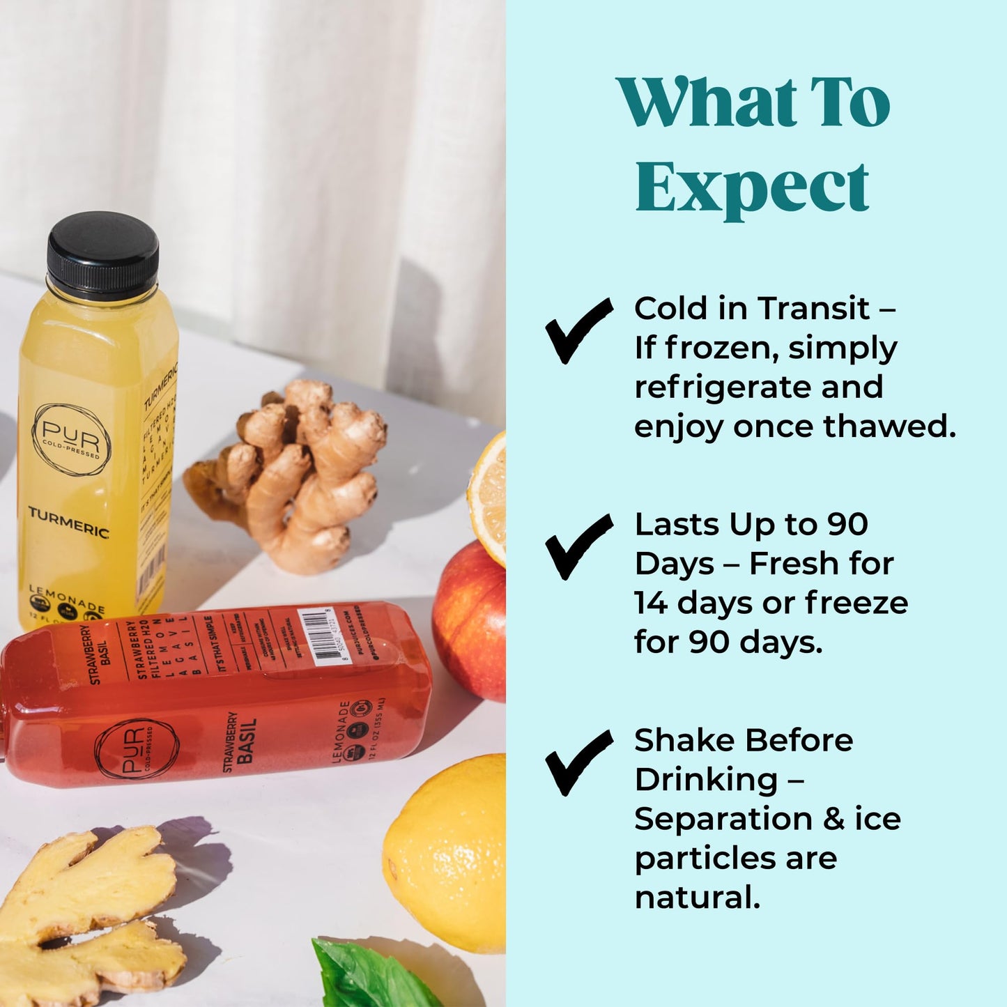 PUR Cold-Pressed Juices - Lemonade Daily Packs - 18 Bottles of Natural Lemonade with Turmeric and Agave - Hydrating & Refreshing Beverage Drink