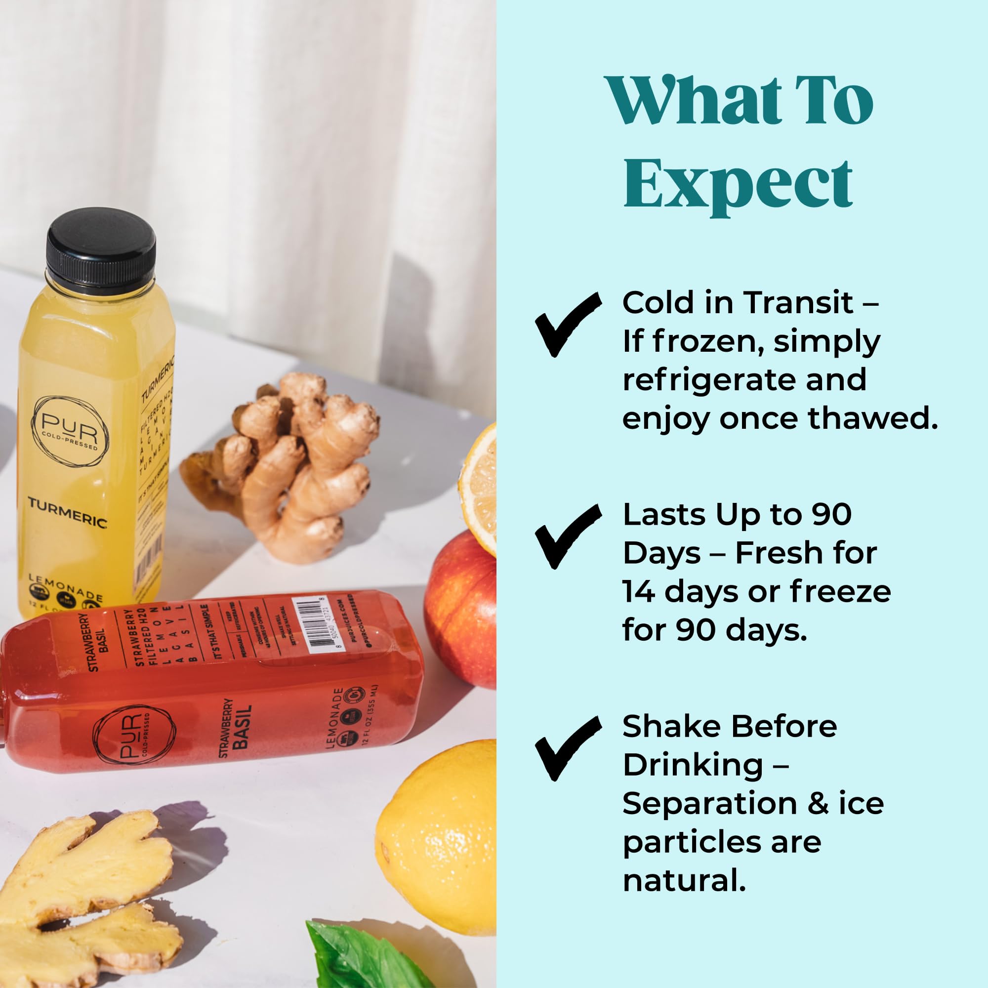 PUR Cold-Pressed Juices - Lemonade Daily Packs - 18 Bottles of Natural Lemonade with Turmeric and Agave - Hydrating & Refreshing Beverage Drink