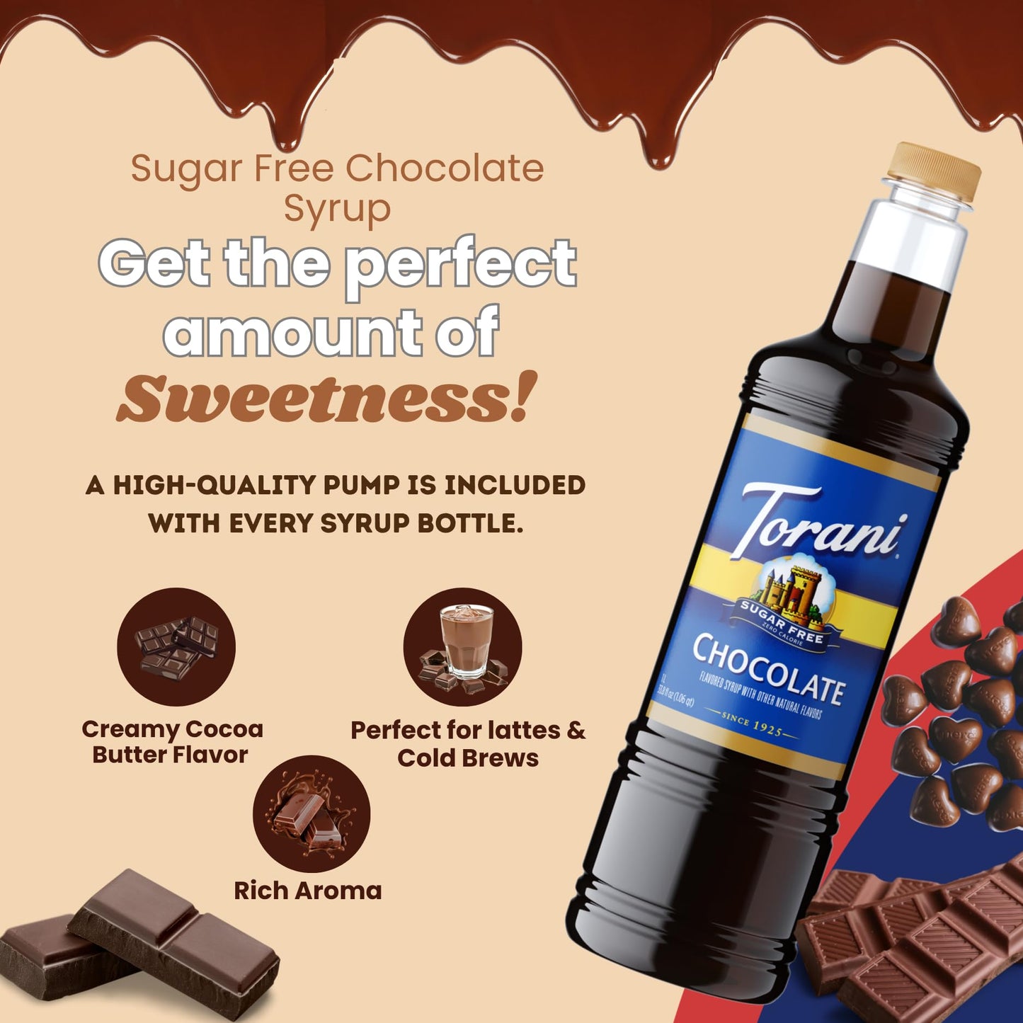 Torani Sugar Free Chocolate Syrup 1 Liter Bottle with Pump Dispenser - Zero Sugar, Zero Calories, Keto Friendly, Gluten Free Chocolate Flavor