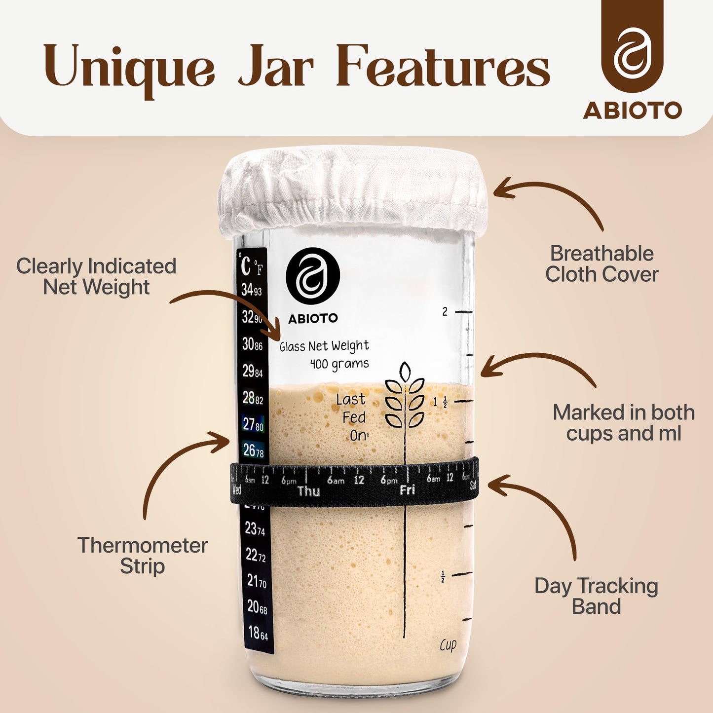 ABIOTO Sourdough Starter Kit, Includes 24 oz Sourdough Starter Jar with Metallic Lid, Silicone Spatula, Feeding Tracker, Extra Thermometer Strips