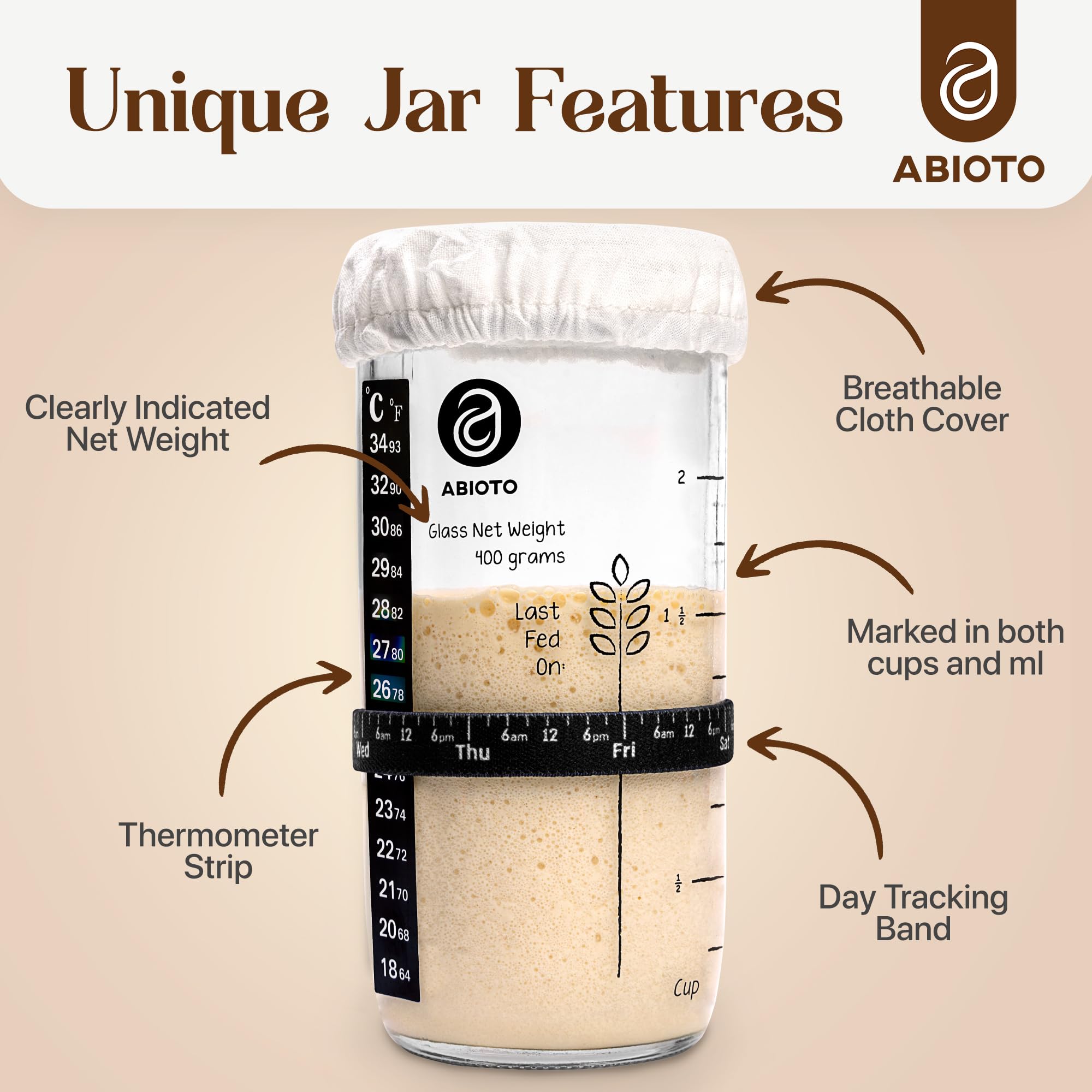 ABIOTO Sourdough Starter Kit, Includes 24 oz Sourdough Starter Jar with Metallic Lid, Silicone Spatula, Feeding Tracker, Extra Thermometer Strips