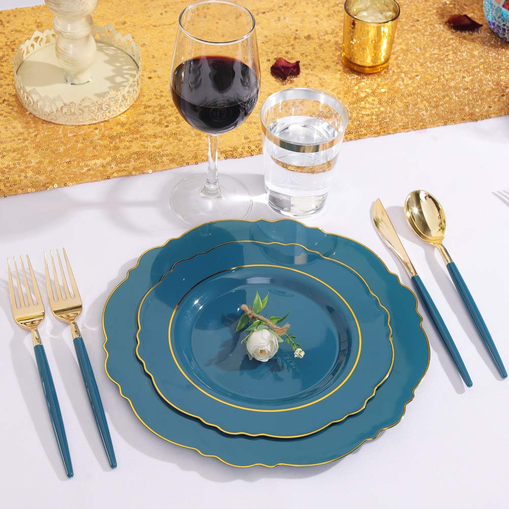 Nervure 100PCS Teal Plastic Plates With Gold Rim & Gold Disposable Silverware with Teal Handle Include 40 Plates, 60 Plastic Sivlerware for Party