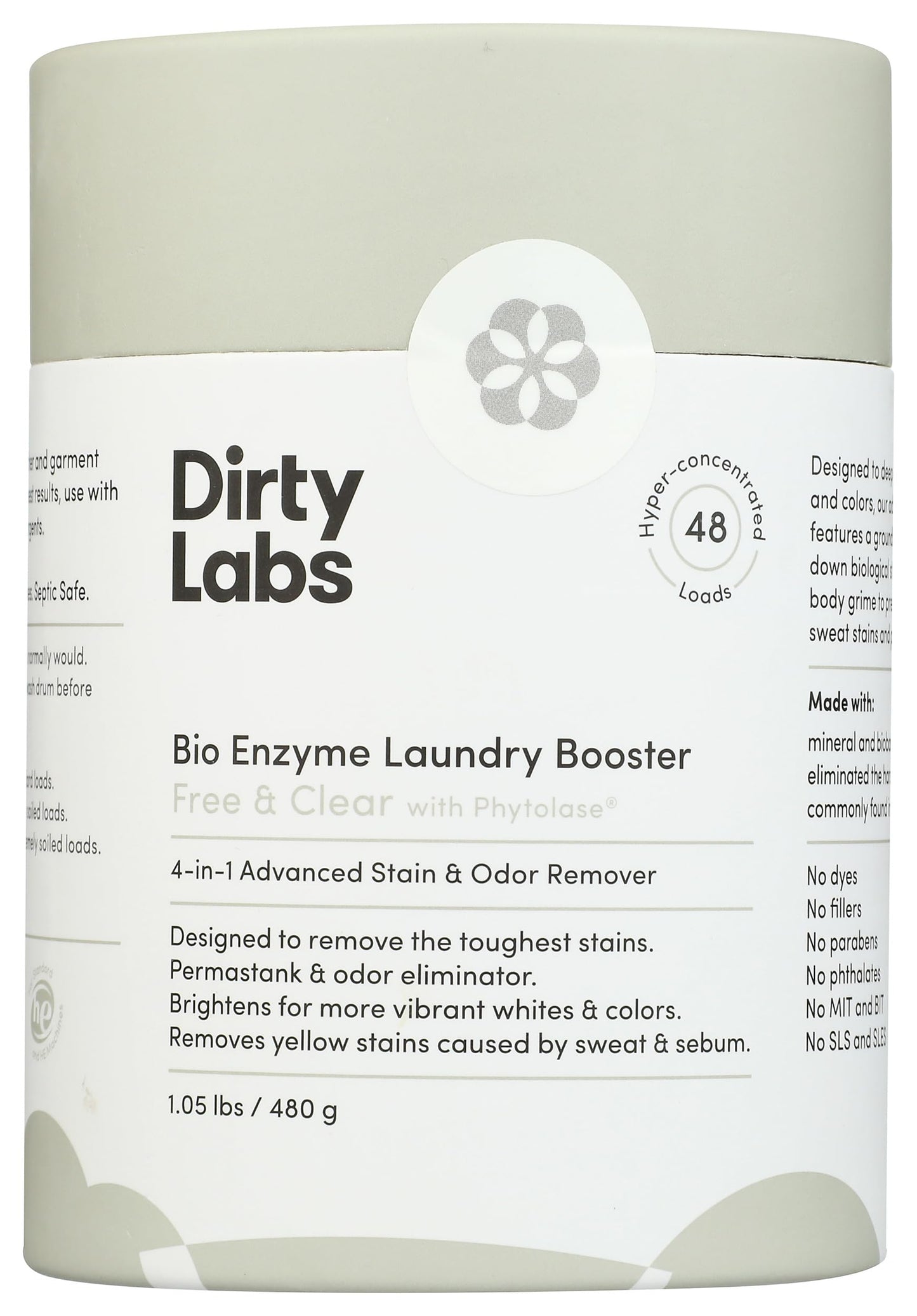 Dirty Labs | Scent Free | Bio Enzyme Laundry Booster | 48 Loads (1 lb) | Hyper Concentrated | High Efficiency & Standard Machine Washer | Nontoxic