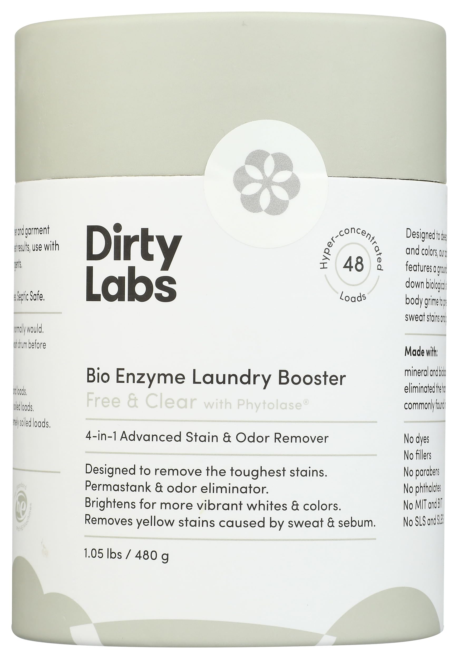 Dirty Labs | Scent Free | Bio Enzyme Laundry Booster | 48 Loads (1 lb) | Hyper Concentrated | High Efficiency & Standard Machine Washer | Nontoxic