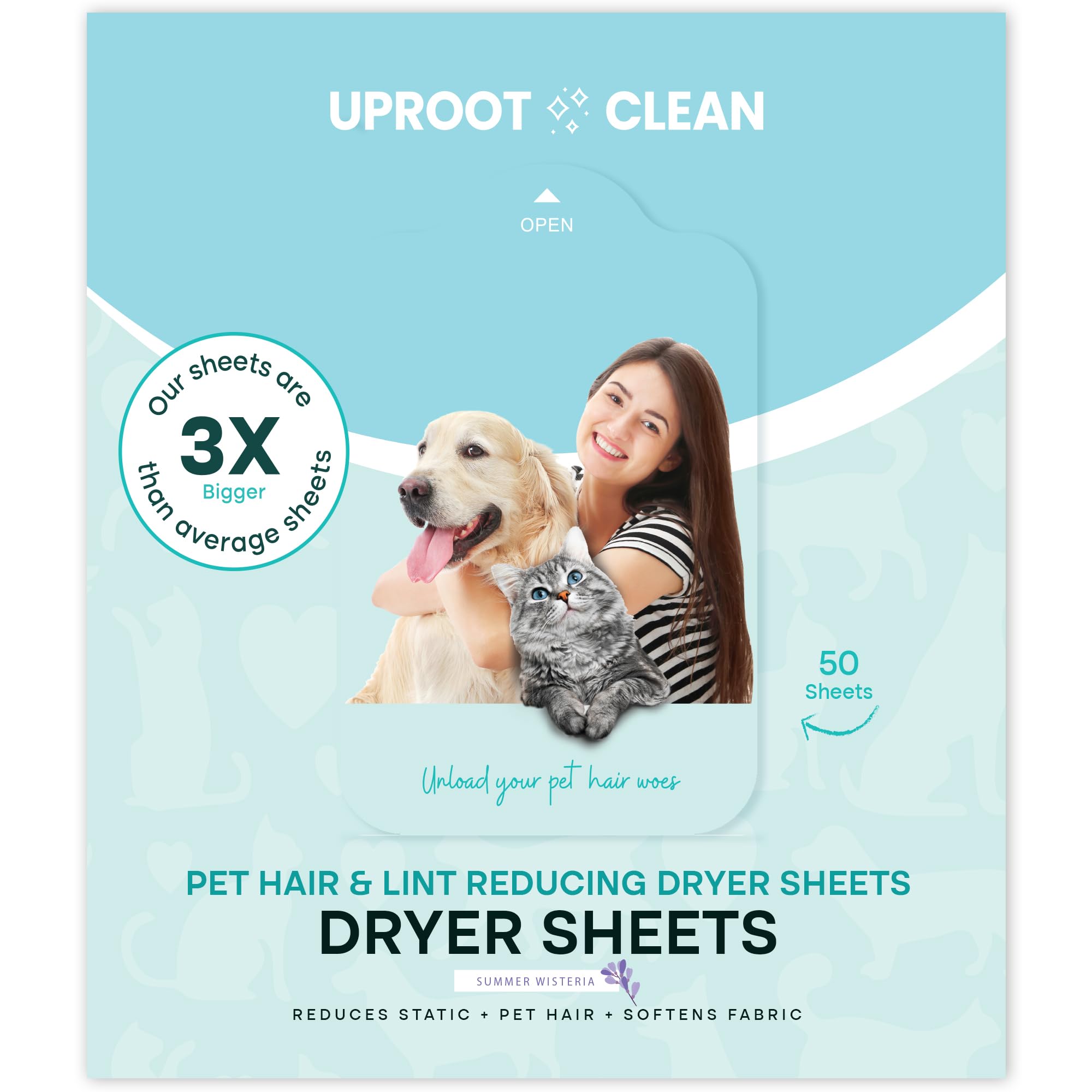 Uproot Clean Dryer Sheets Pet Hair Reducing (50 Pcs) Summer Wisteria Scent: The Ultimate Pet Hair Dryer Sheets for Homes With Animals - Reduces the