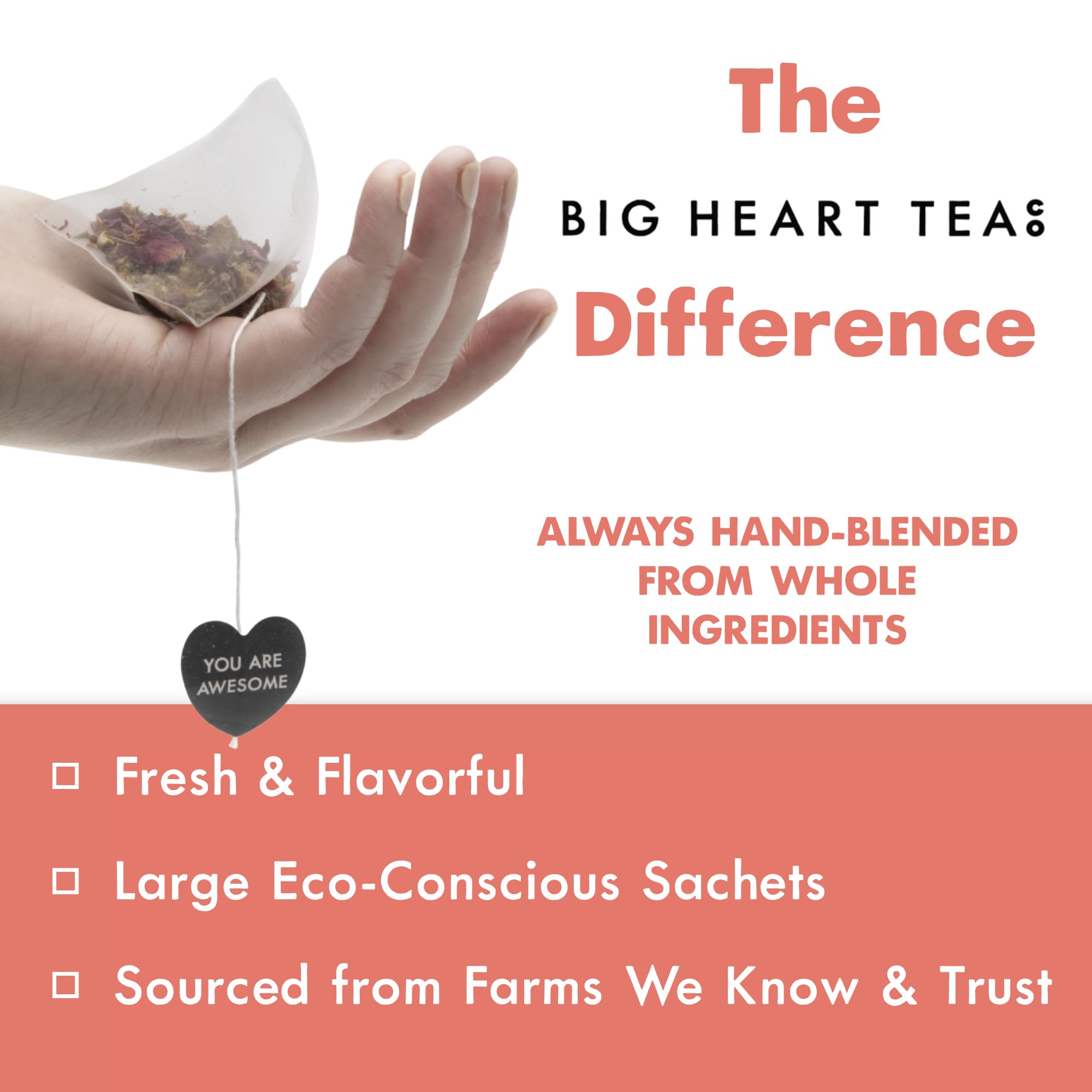 Big Heart Tea Co. Tea Bags - Cup of Love Red Rose - Certified Organic, Floral Ayurvedic Herbal Decaf Tea in Zero Plastic Sachets with Small Batch