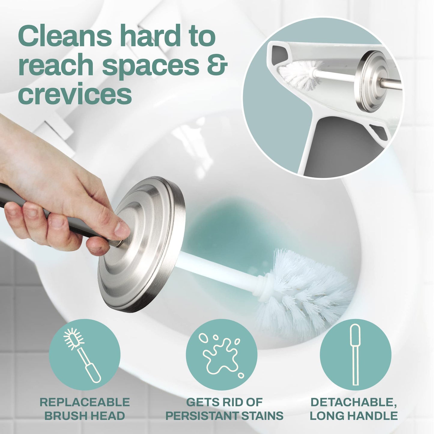 2 Pack Stainless Steel Modern Toilet Brush & Holder Set Bathroom Bowl Cleaner Brush with Caddy