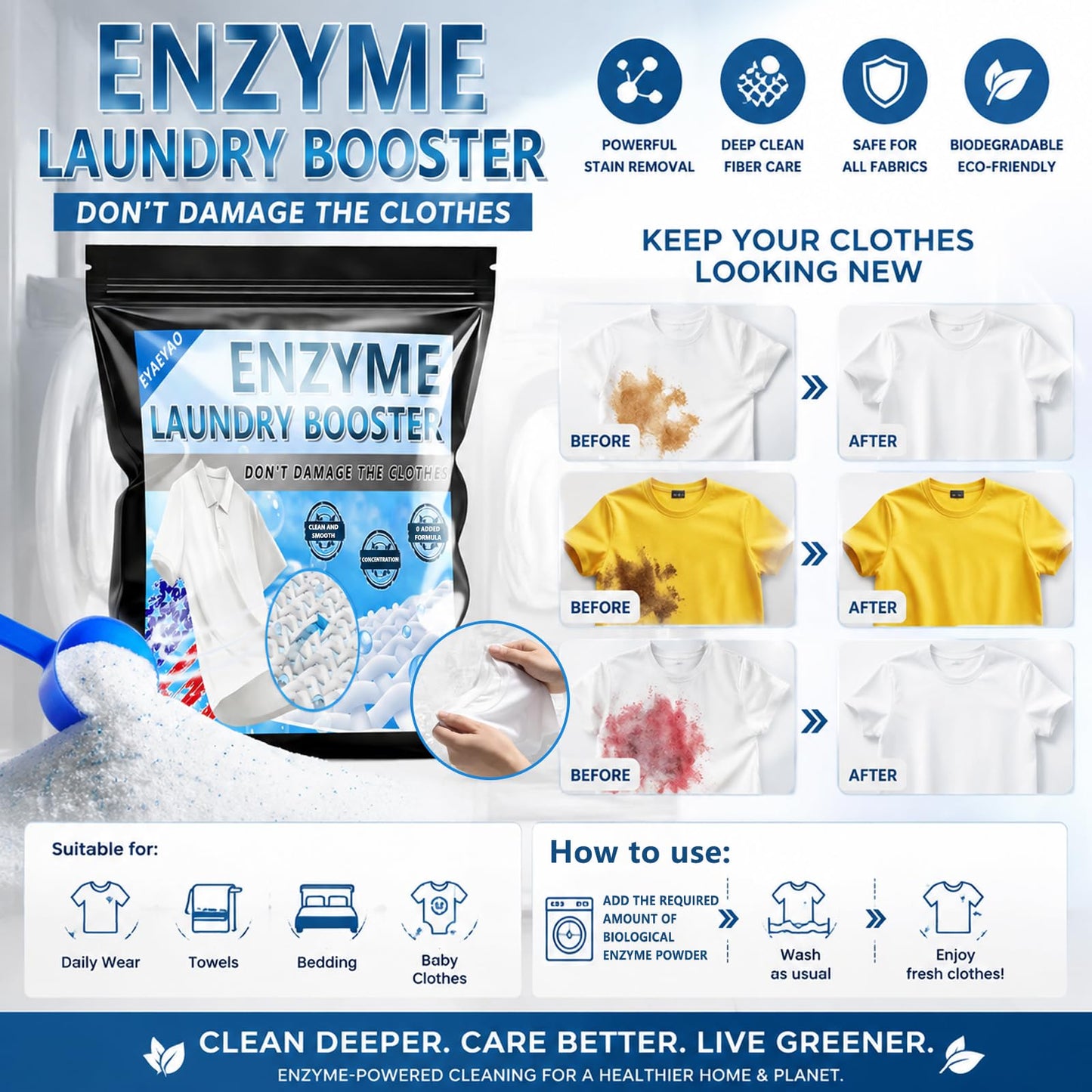 Bio Enzyme Laundry Booster Powder - Ultra-Concentrated Stain & Odor Remover for Whites & Colors | Oxygen Bleach Alternative | Non-Toxic, Biodegradable