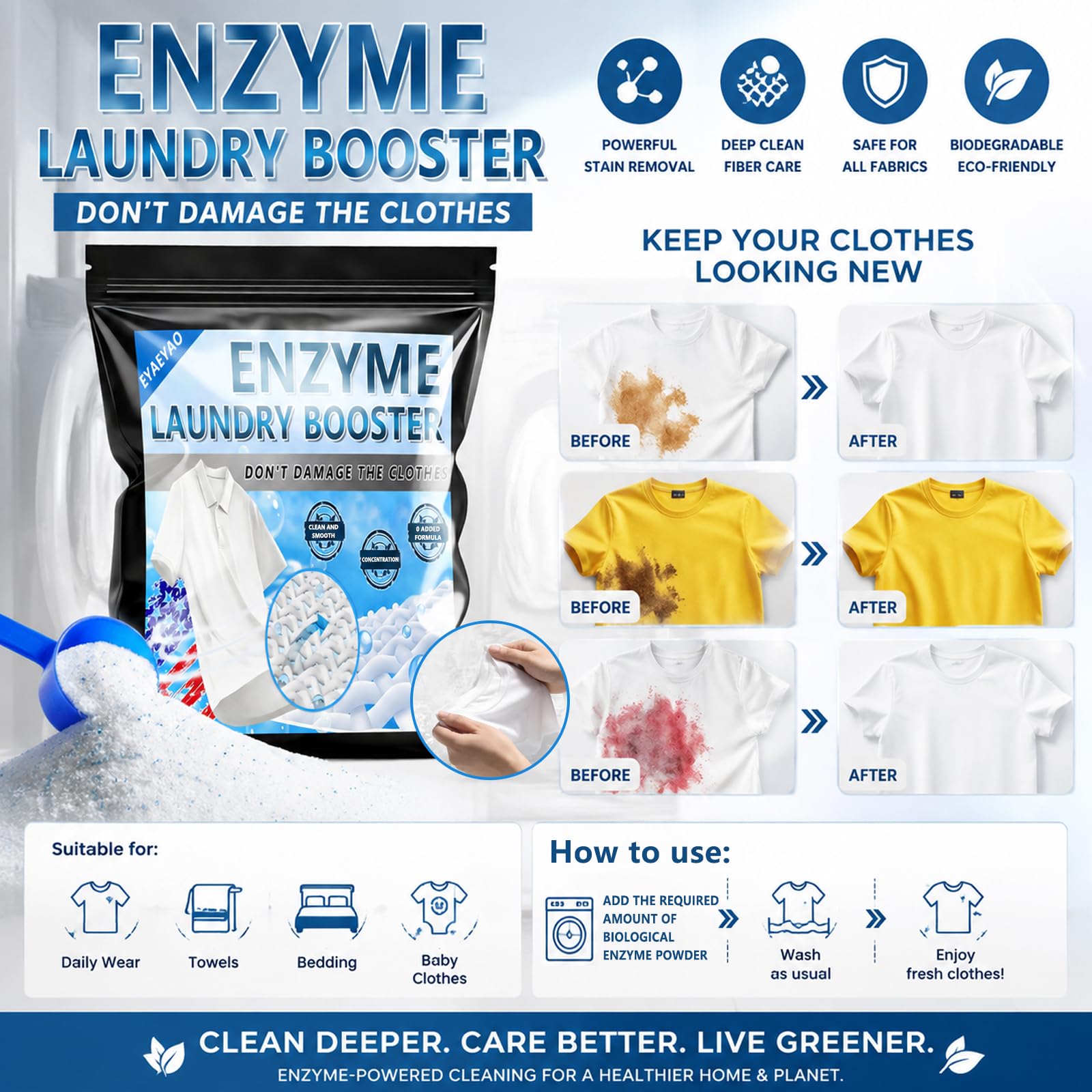 Bio Enzyme Laundry Booster Powder - Ultra-Concentrated Stain & Odor Remover for Whites & Colors | Oxygen Bleach Alternative | Non-Toxic, Biodegradable