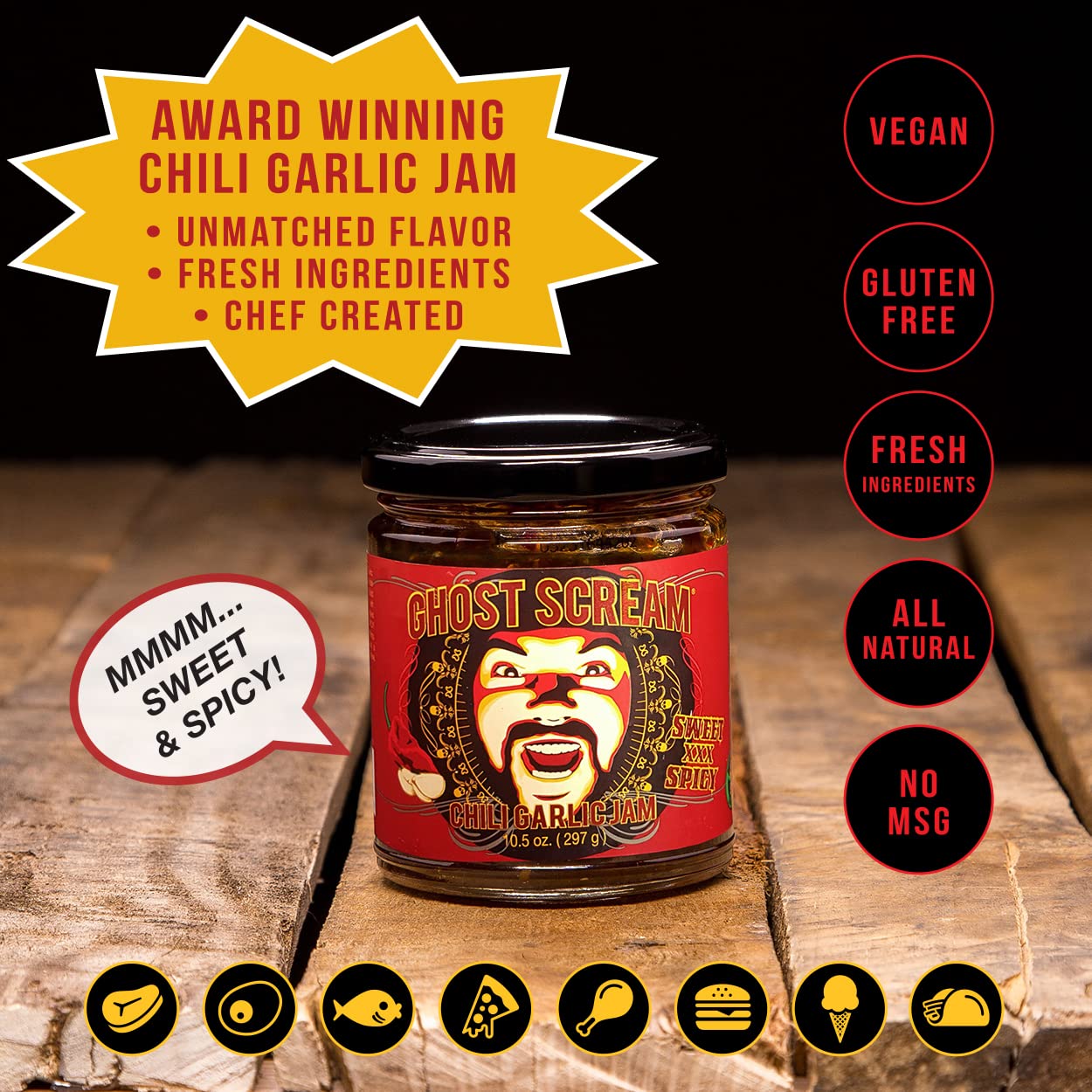 Ghost Scream Hot Sauce - “Chili Garlic Jam” (Sweet, Spicy & Smoky) - This Award Winning Recipe (from a World Renowned Chef) Combines Fresh Ghost Chili
