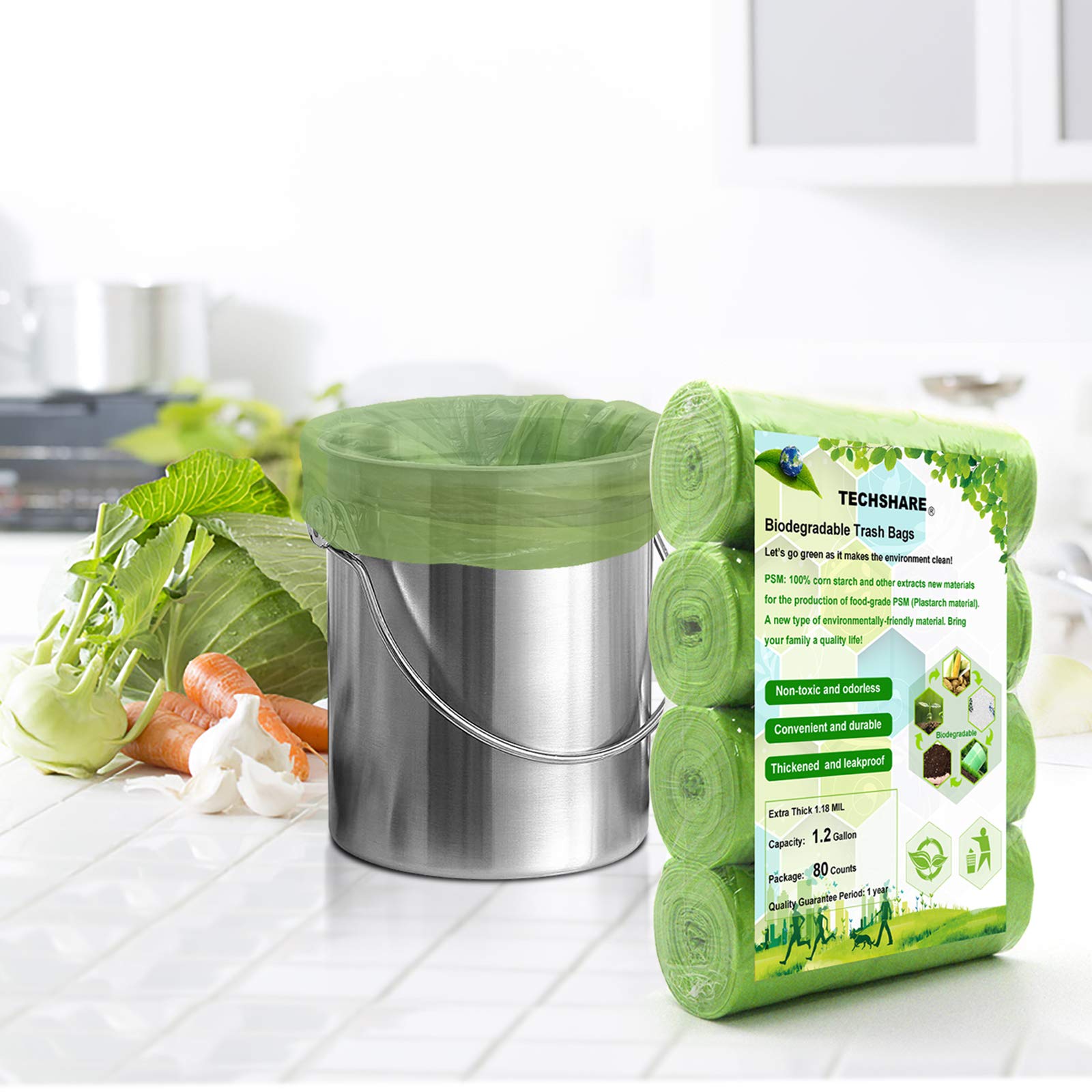 TECHSHARE 1.2 Gallon Biodegradable Trash Bags, 80 Count, Compostable Garbage Bags, 1.5 Gallon Capacity, Green