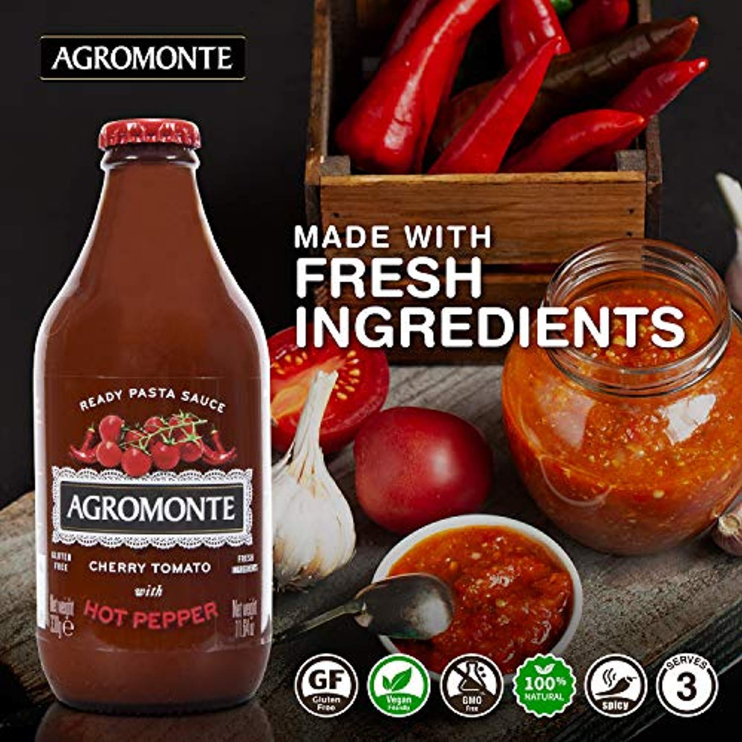 Agromonte Authentic Italian Cherry Tomato Pasta Sauce with Hot Peppers - Taste of Italy Gourmet Foodie and Chef Gift - Ready to Use, Certified Kosher