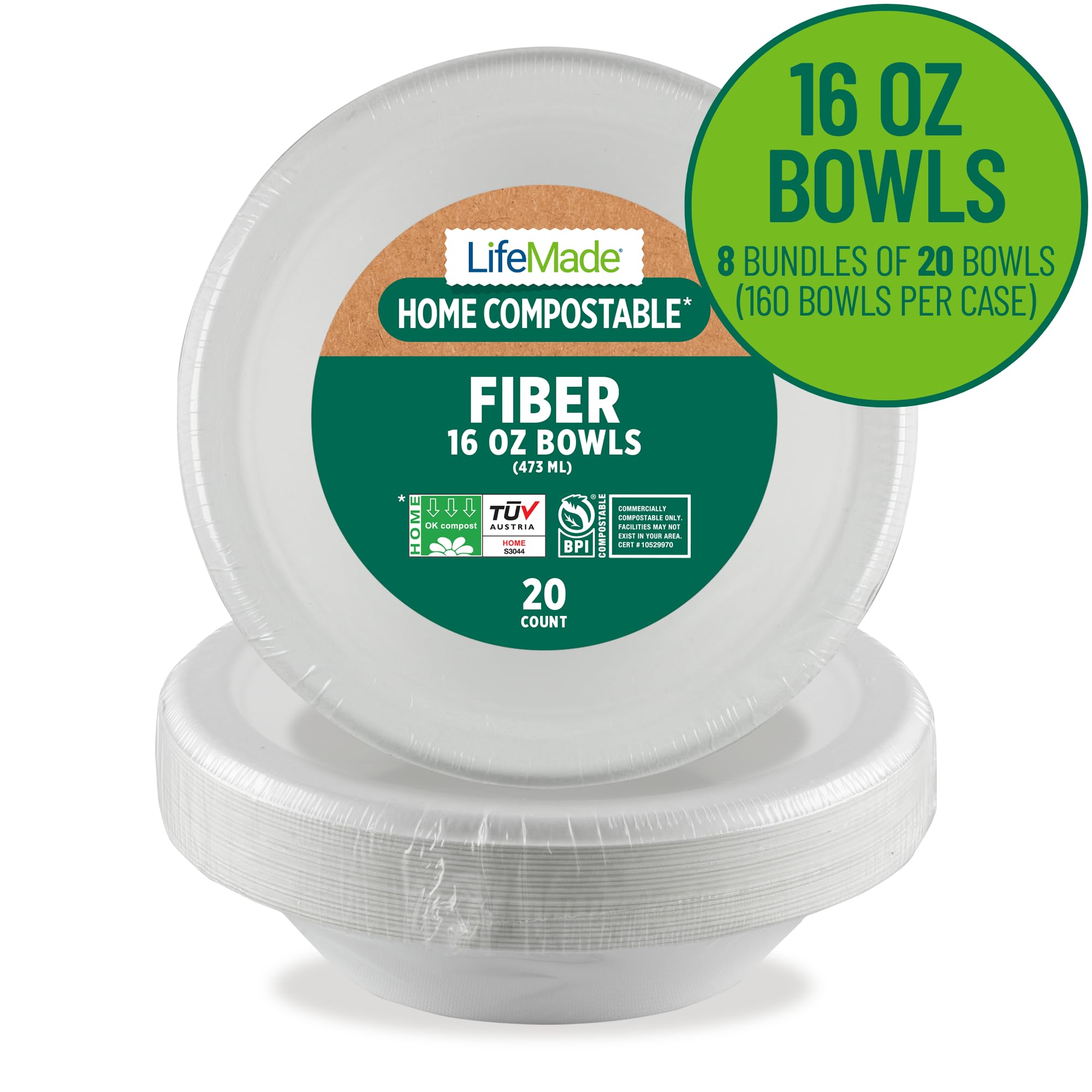 LIFEMADE 160 Count 16 oz Bowls, Home (TUV OK compost HOME Certified) and Commercially Compostable (BPI® Certified), 8 bundles of 20 bowls per case