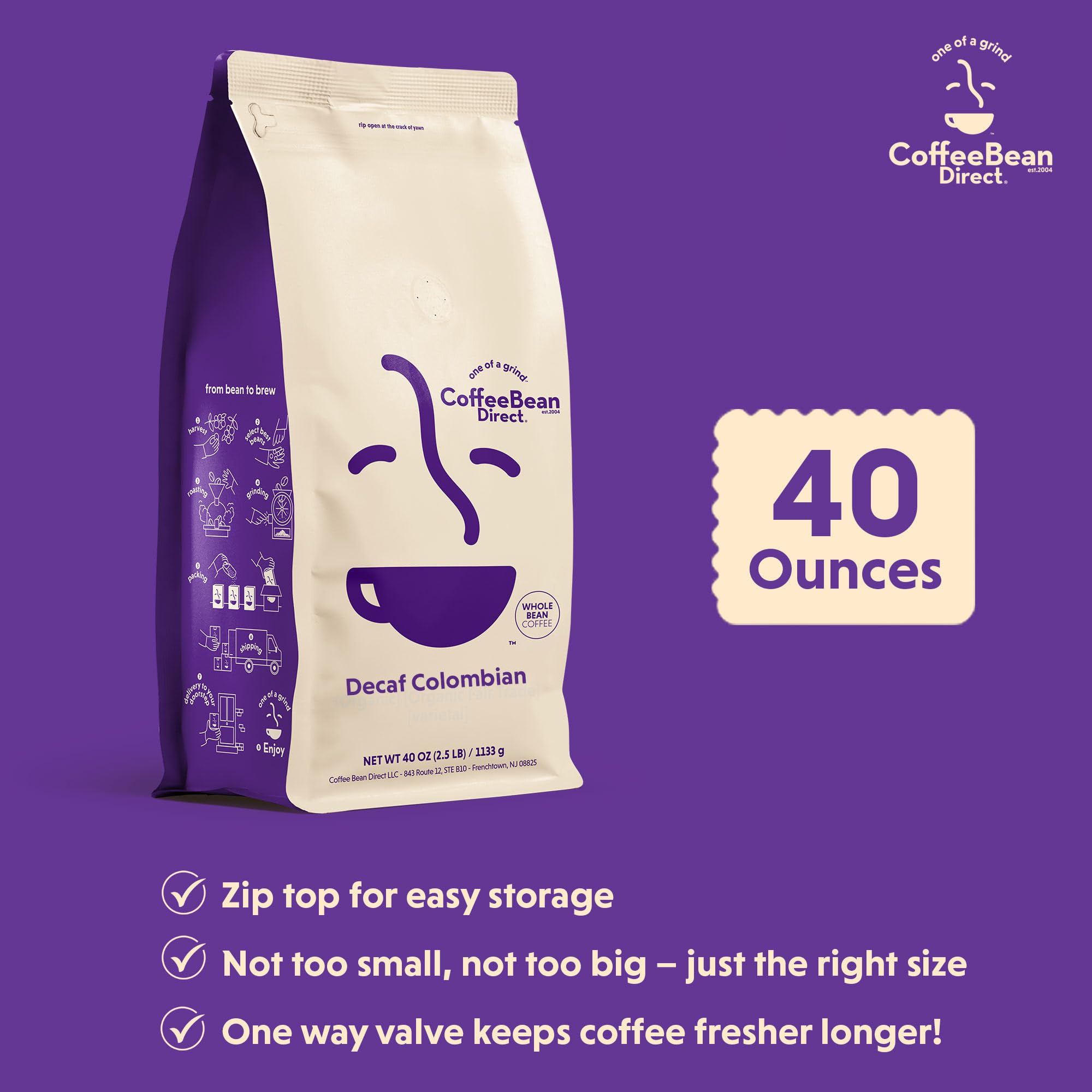 Coffee Bean Direct Decaf Colombian, Whole Bean Coffee, Arabica Coffee, Light Roast, 2.5 Pound Bag (Pack of 1)