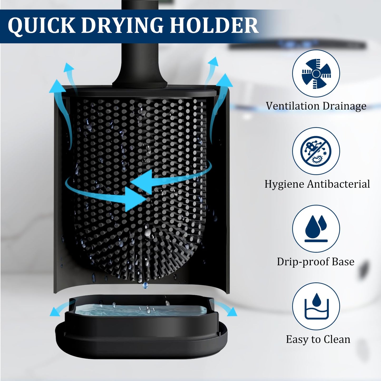 Silicone Toilet Brush and Holder Set, Toilet Brushes with Ventilated Holder, Wall Mounted Toilet Bowl Brush with Long Handle Bendable Brush Head