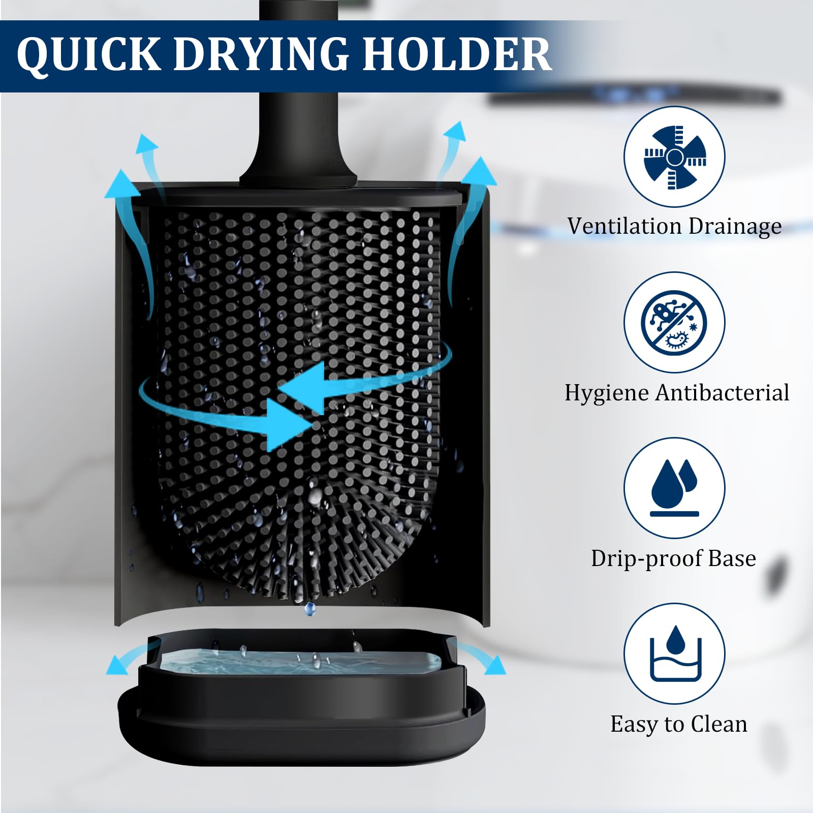 Silicone Toilet Brush and Holder Set, Toilet Brushes with Ventilated Holder, Wall Mounted Toilet Bowl Brush with Long Handle Bendable Brush Head