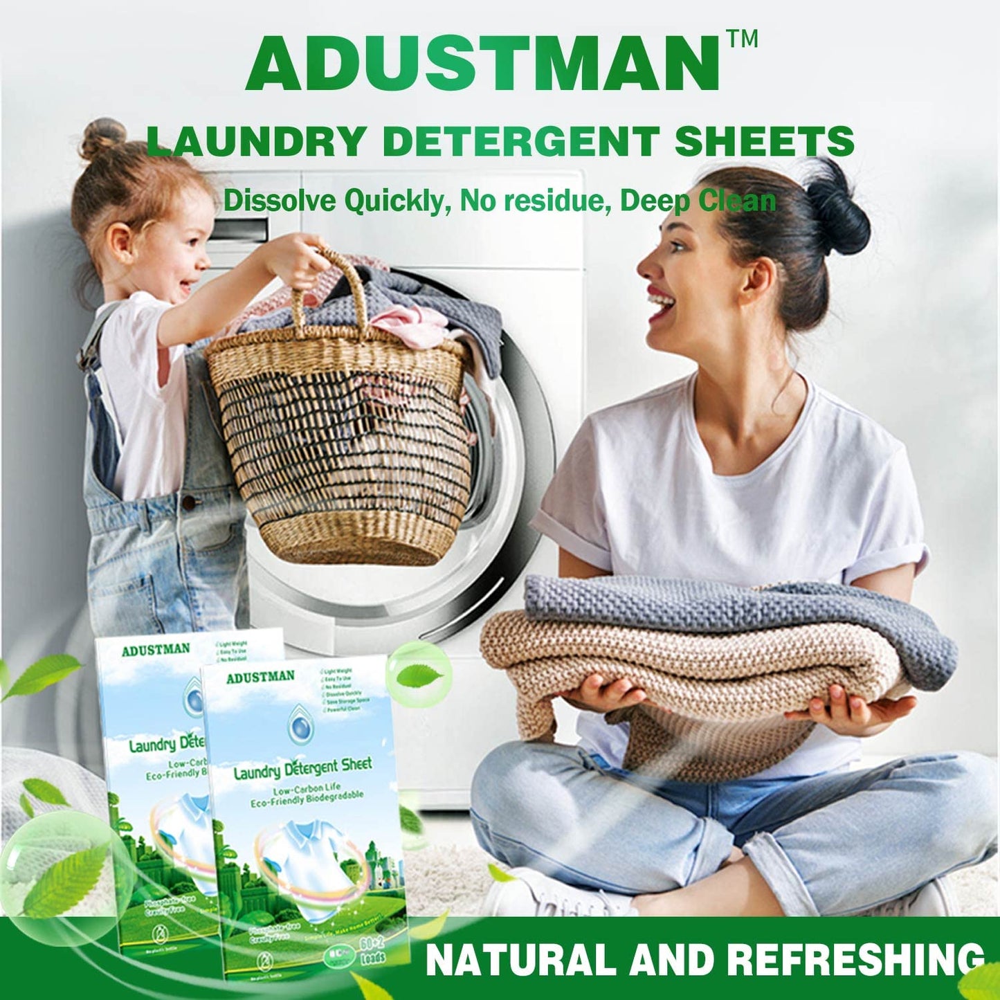 ADUSTMAN Laundry Detergent Sheets (Strips) 124 Loads 2 Pack Fresh Breeze Liquid-Less Technology