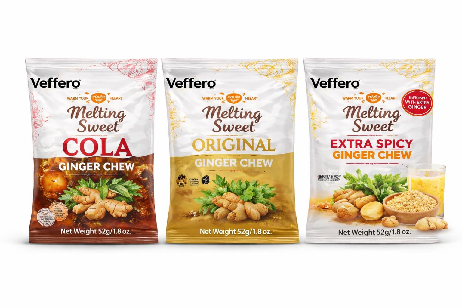 Veffero Melting Sweet Ginger Chews, 3 Flavor Variety Pack, Cola, Original, Extra Spicy, Indonesian Ginger, 52g Each, 3 Pack (Mixed flavor (3 packs))