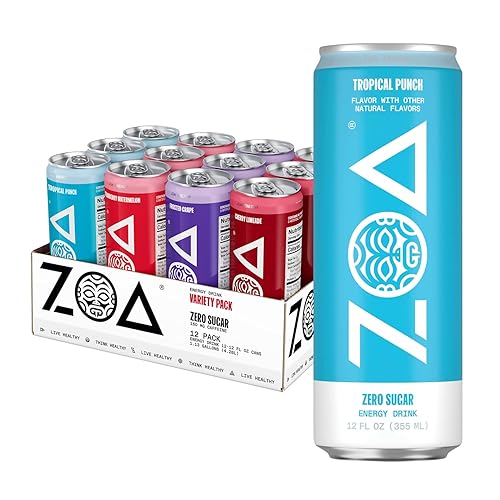 ZOA Zero Sugar Energy Drinks with Electrolytes, Vitamin C, Amino Acids, B-Vitamins, Made with Green Tea Caffeine, Sugar-Free Variety Pack- Four