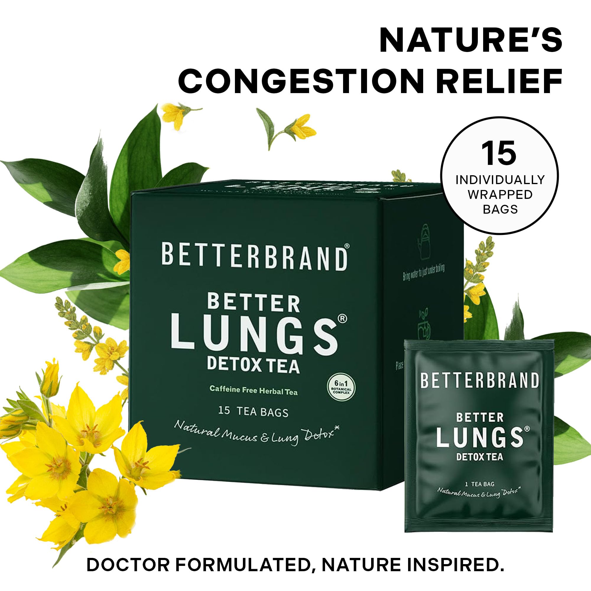 Betterbrand Mullein Tea Bags for Lung Detox - Respiratory Support with Thyme, Elderberry, Ginseng, Ginger, Caffeine Free Herbal Blend - 15 Tea Bags