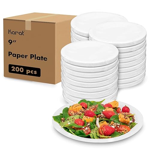 Karat [200 ct 9 Inch Disposable Paper Plates,Heavy-Duty Compostable Bulk Plates for Parties, Events | Grease Resistant, BPA-Free, Recyclable (White)