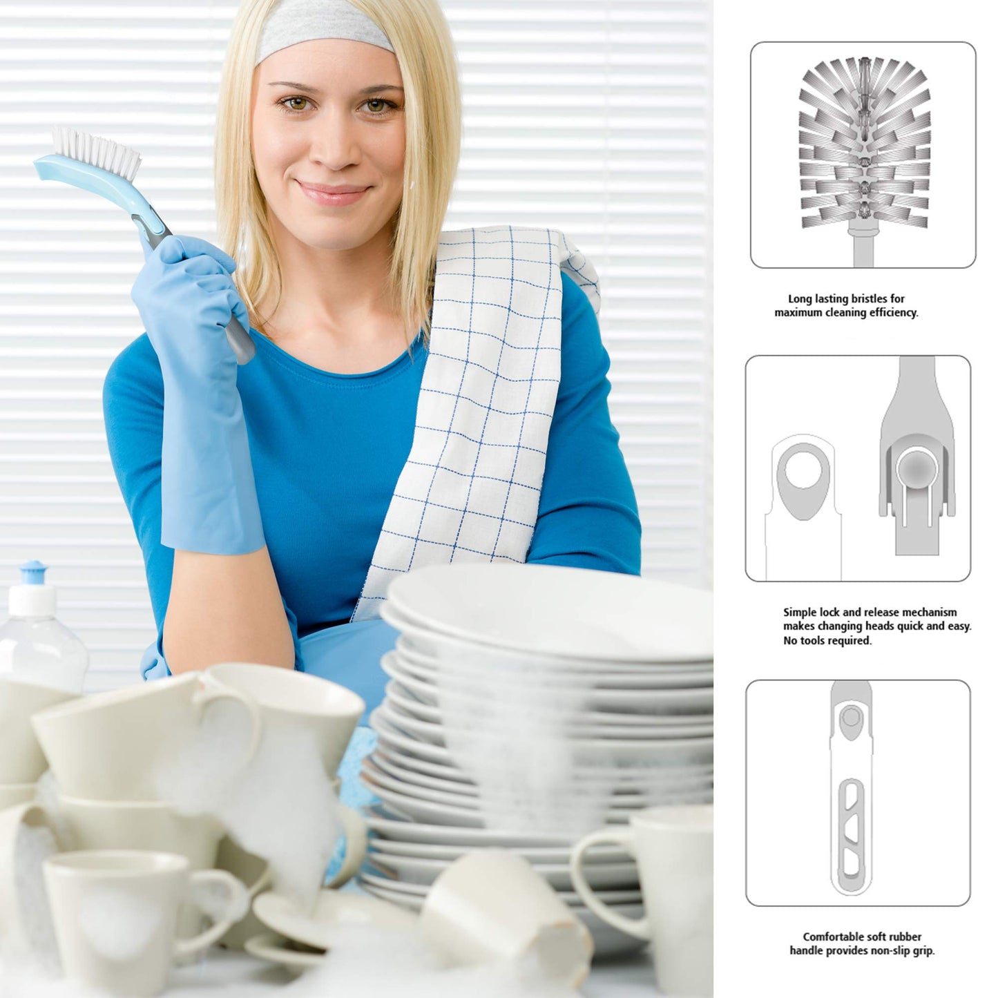 Guay Clean Kitchen Dish Brush Set with Handle and Scrapper - 4pc Brushes Includes: Rectangular, Round, Bottle, Corner, Bonus Scrub Sponge