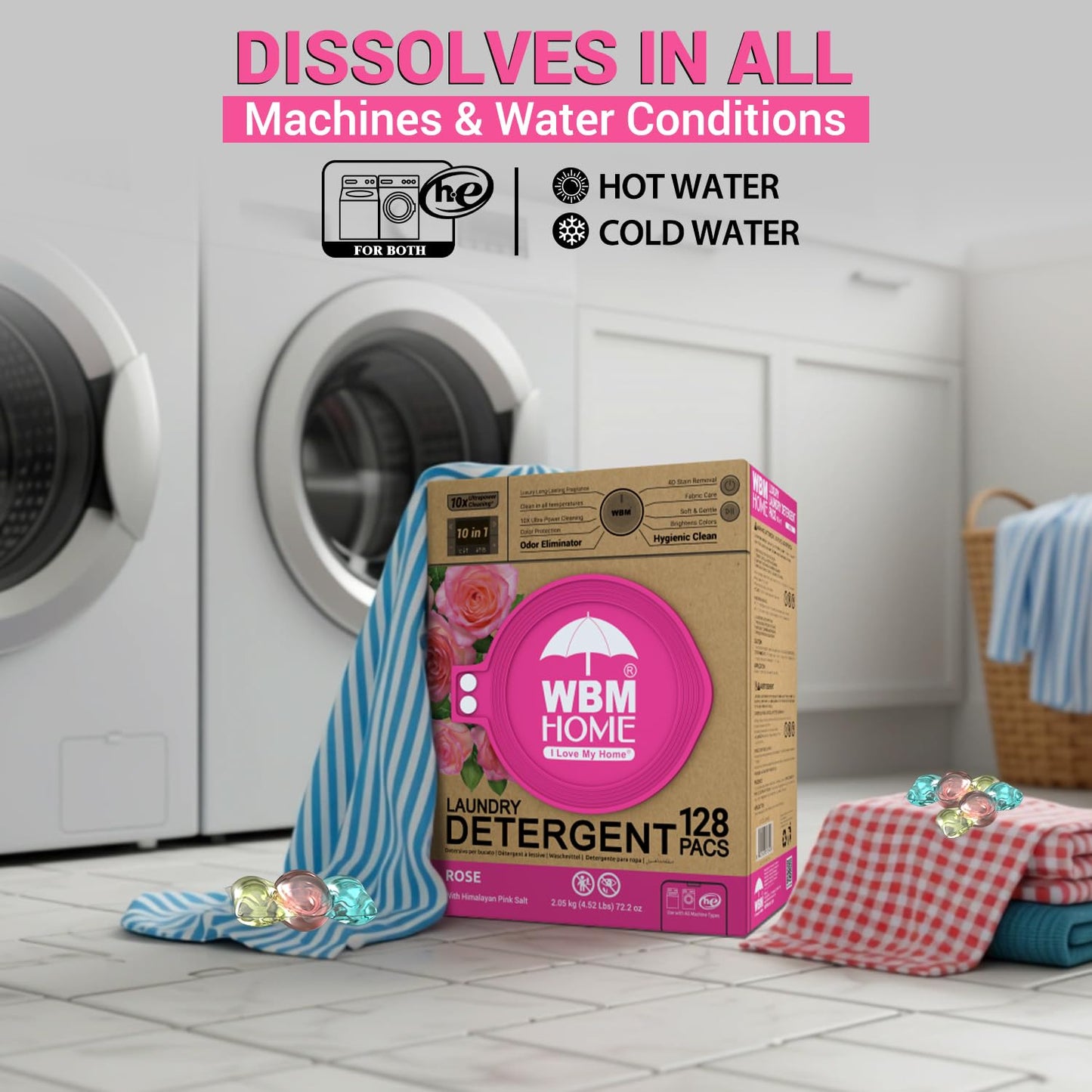 WBM 10-in-1 Laundry Pods, Total 128 Count, High Efficiency, Ultra Concentrate with Powerful Stain Lifter Technology, Fabric Softener With Rose