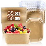 RAIHOMKIT 50 Pack Kraft Paper Bowls, 35oz Rectangular Cardboard Take Out Container with Lids, Large Cardboard Meal Prep Containers, Disposable Paper
