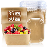 RAIHOMKIT 50 Pack Kraft Paper Bowls, 35oz Rectangular Cardboard Take Out Container with Lids, Large Cardboard Meal Prep Containers, Disposable Paper