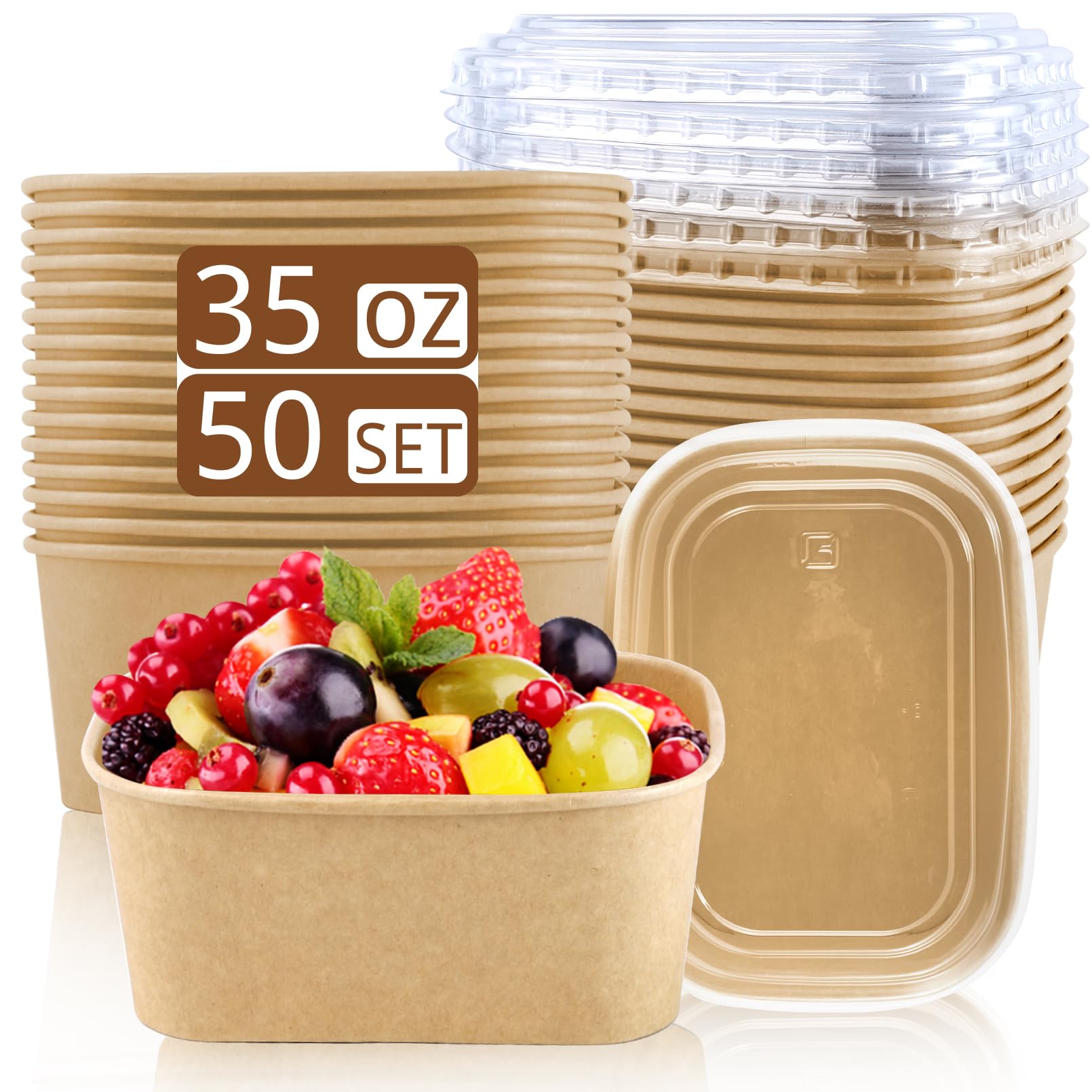 RAIHOMKIT 50 Pack Kraft Paper Bowls, 35oz Rectangular Cardboard Take Out Container with Lids, Large Cardboard Meal Prep Containers, Disposable Paper
