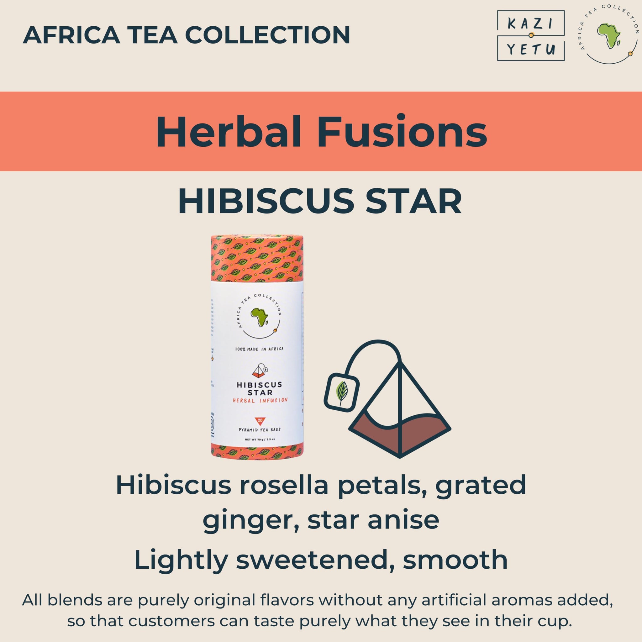 Kazi Yetu - Hibiscus Star - 100% Natural Herbal Blend - Caffeine Free - Biodegradable Pyramid Tea Bags - Hot or Cold Brew - Great for Relaxation