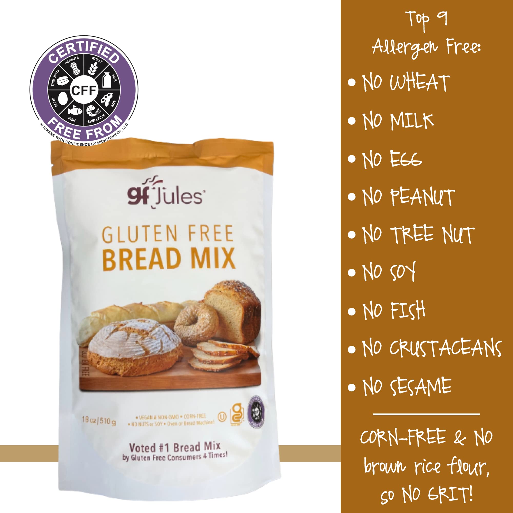 gfJules Certified Gluten Free Bread Baking Mix | Loaf, Baguettes, Bagels, Focaccia and more | No Grit, Non-GMO, Vegan | Certified Top 9 Allergen-Free & Kosher | 18 Ounces