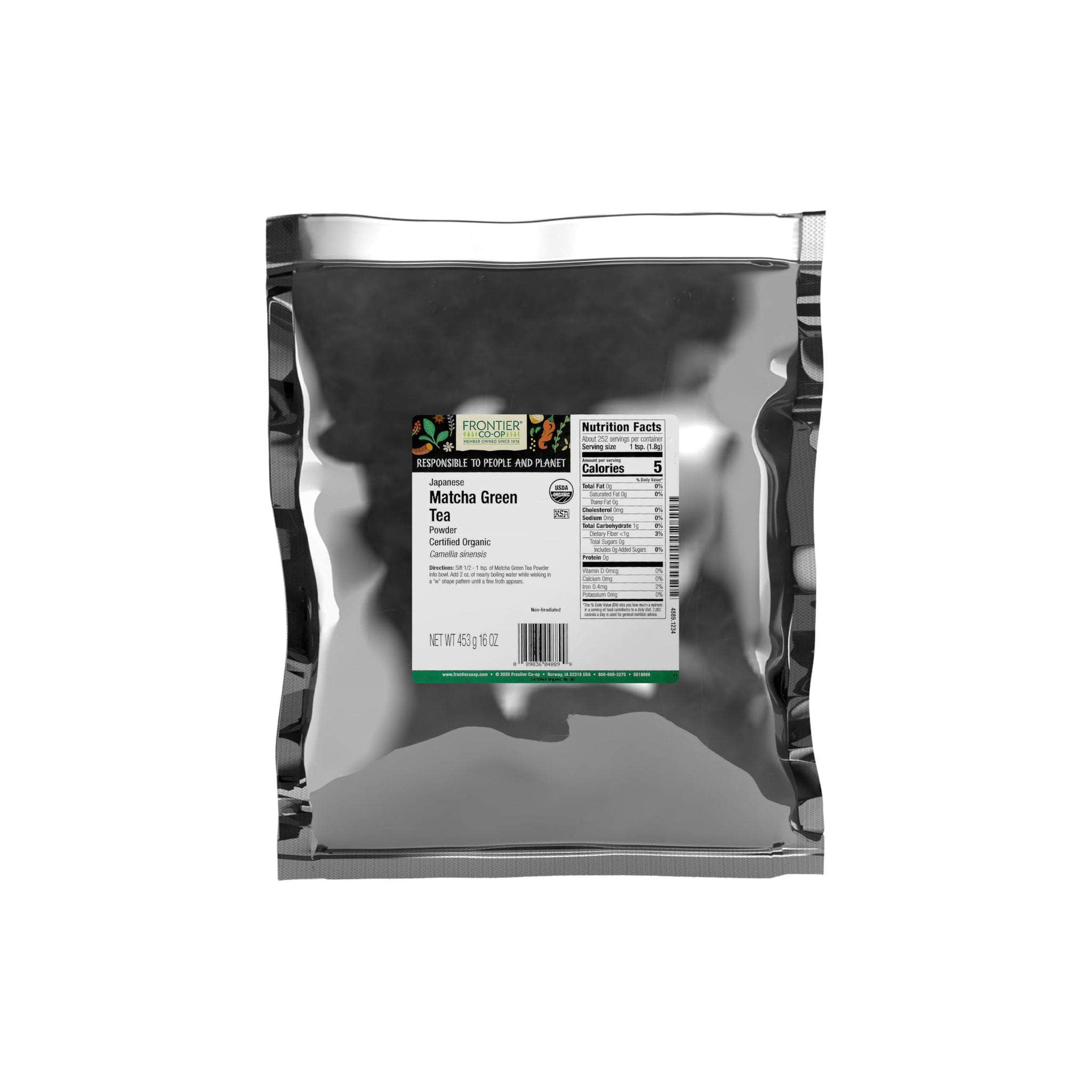 Frontier Co-op Organic Japanese Matcha Green Tea Powder, 1-Pound Bulk, Heavy Body with Vegetal Flavor, Kosher, Non Irradiated