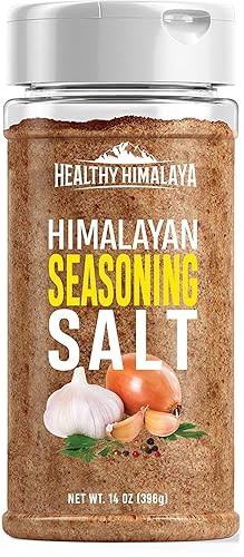 Himalayan Seasoning Salt with Pepper, Garlic, and Onion - Natural Himalayan Pink Salt for Grilling, Cooking, and Finishing - 14 oz Shaker, Healthy