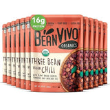 BeanVIVO (Pack of 12) Organics 16g Plant based Protein Three Bean Vegan Chili - Good Source of Fiber - Nutritious & Microwave Meals - Gluten-Free